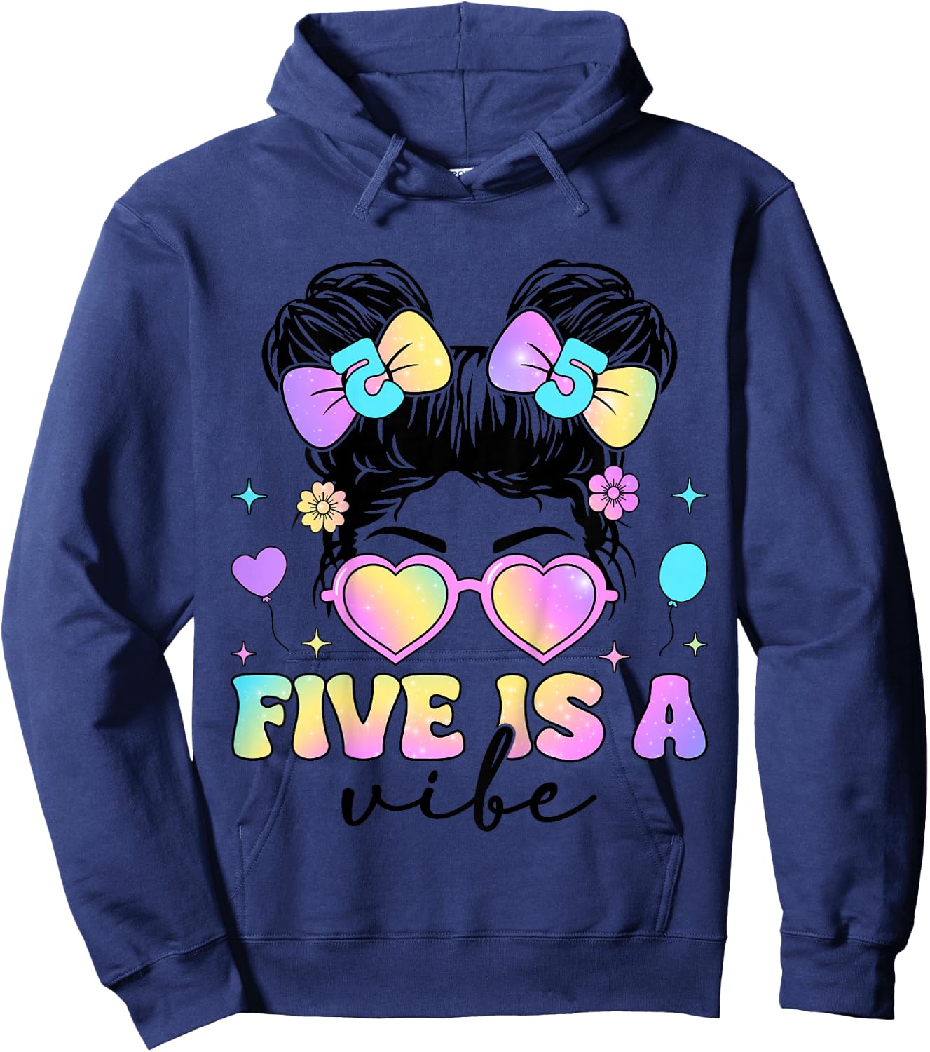 Five Is A Vibe 5th Birthday Messy Bun 5 Year Old Girl Hoodie - Hoodie | Navy