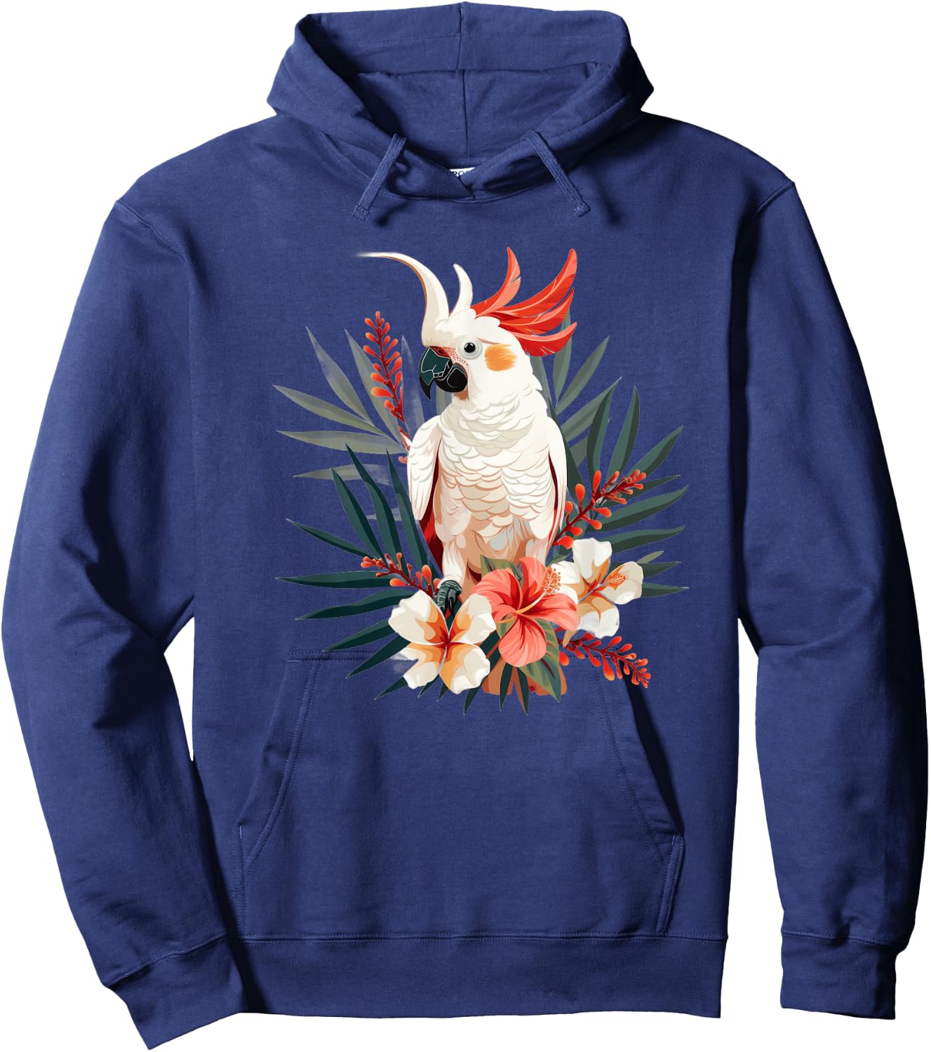 Moluccan Cockatoo With Tropical Flowers Hoodie - Hoodie | Navy