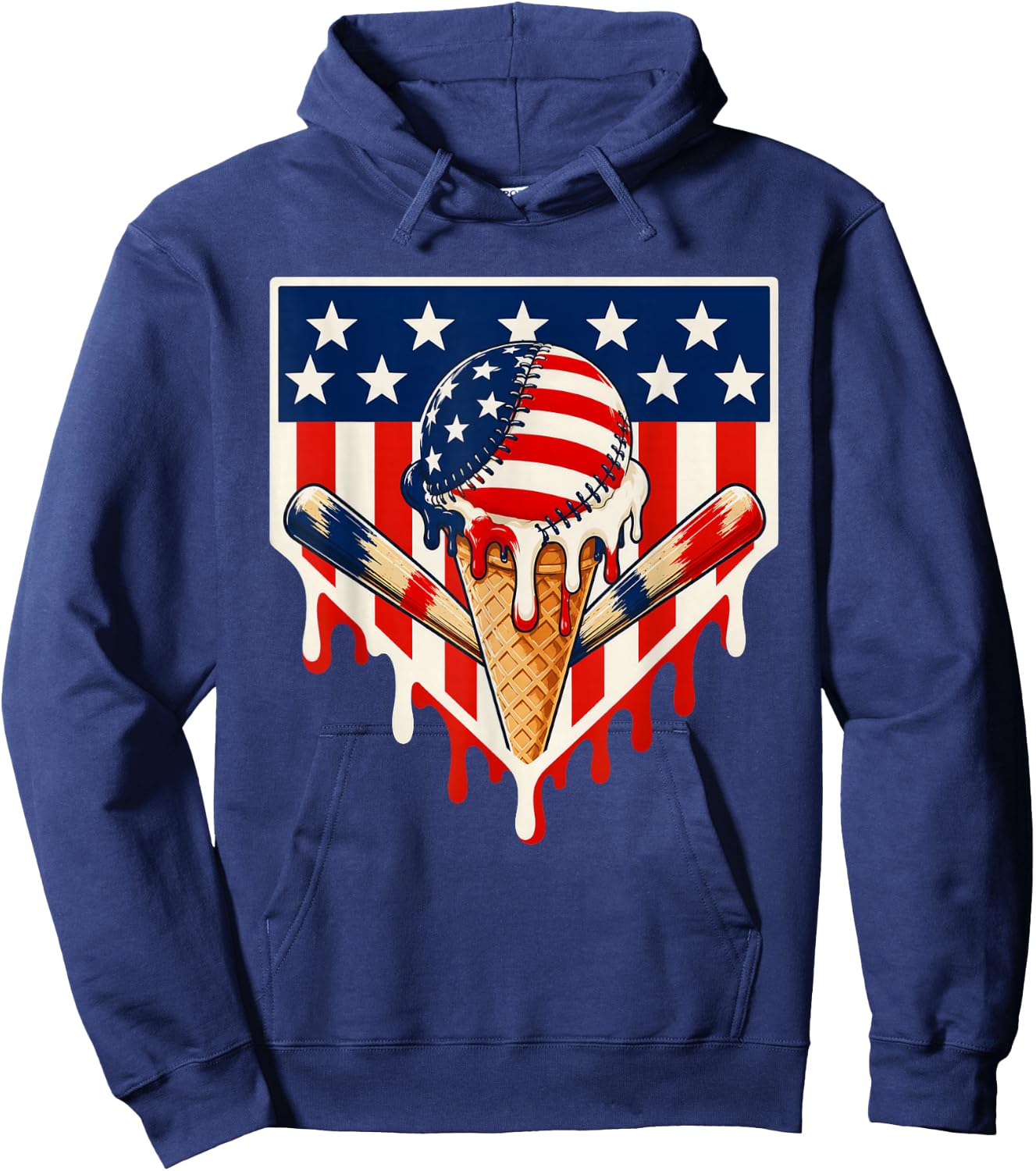 Baseball Ice Cream Drip Crossed Bats USA Flag 4th of July Hoodie - Hoodie | Navy