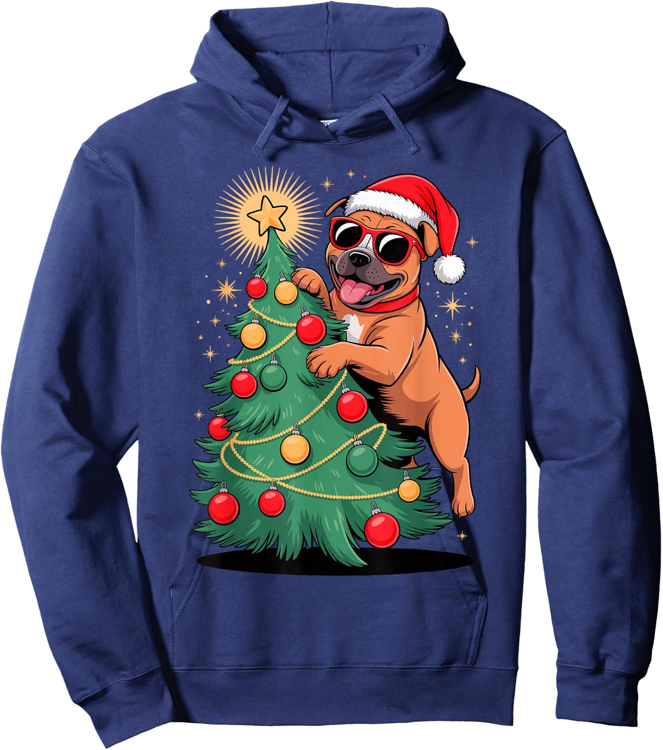 Christmas Tree Staffordshire Bull Terrier Sunglasses Staffy Hoodie - Hoodie | Navy