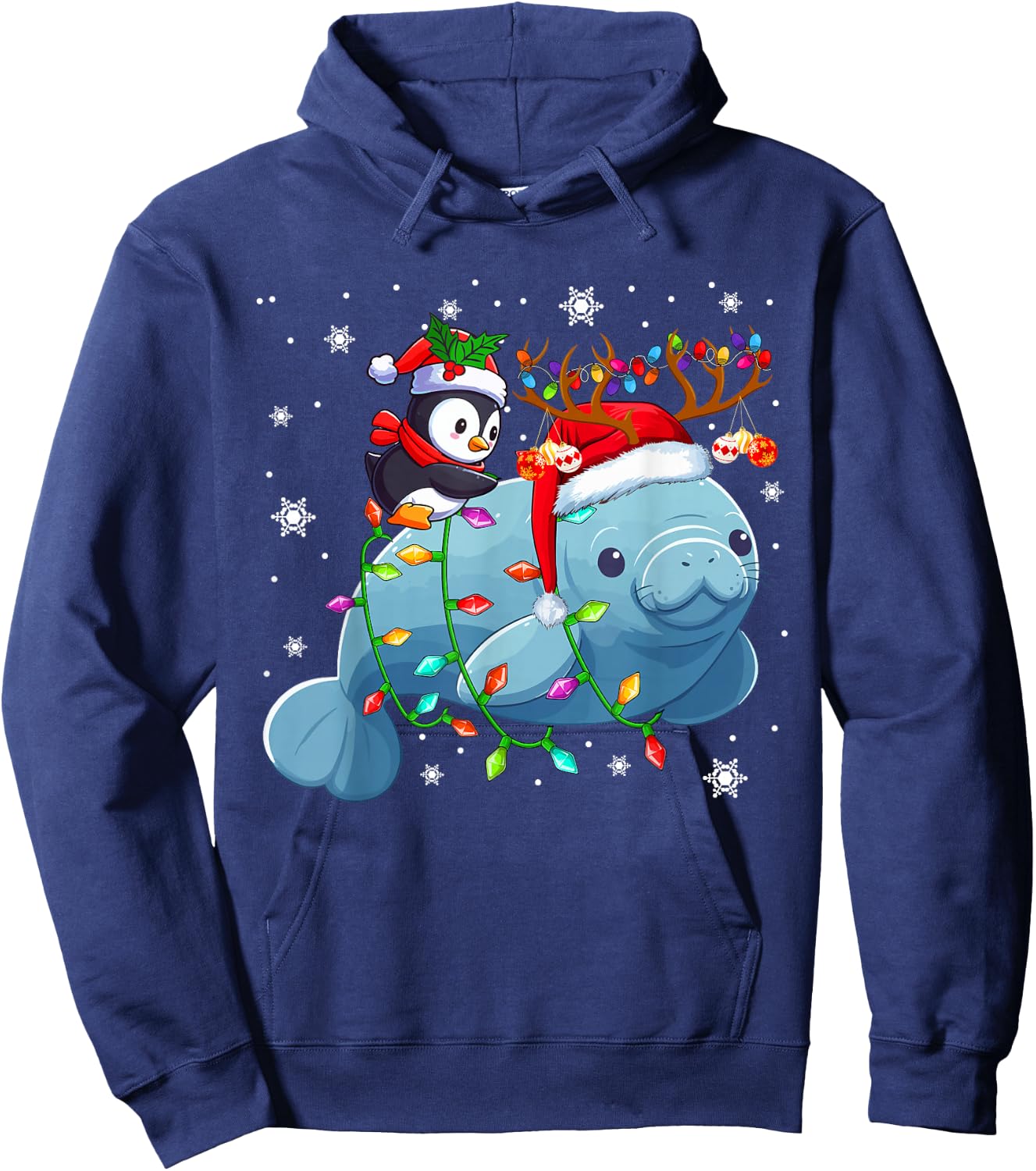 Santa Penguin Riding Reindeer Manatee Christmas Sea Animals Hoodie - Hoodie | Navy