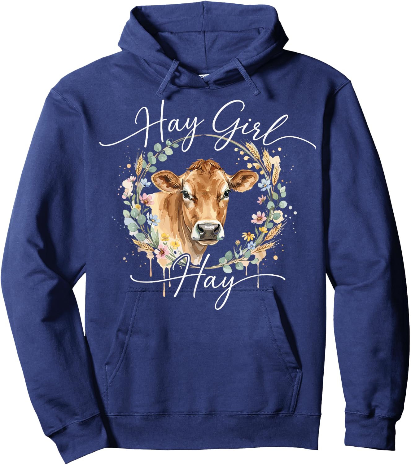Hay Girl Hay Cow Lover Watercolor Floral Wreath Hoodie - Hoodie | Navy