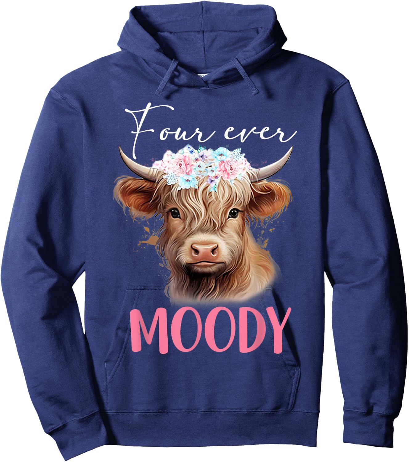 Four Ever Moody Birthday for Girls Floral Highland Cow Print Hoodie - Hoodie | Navy