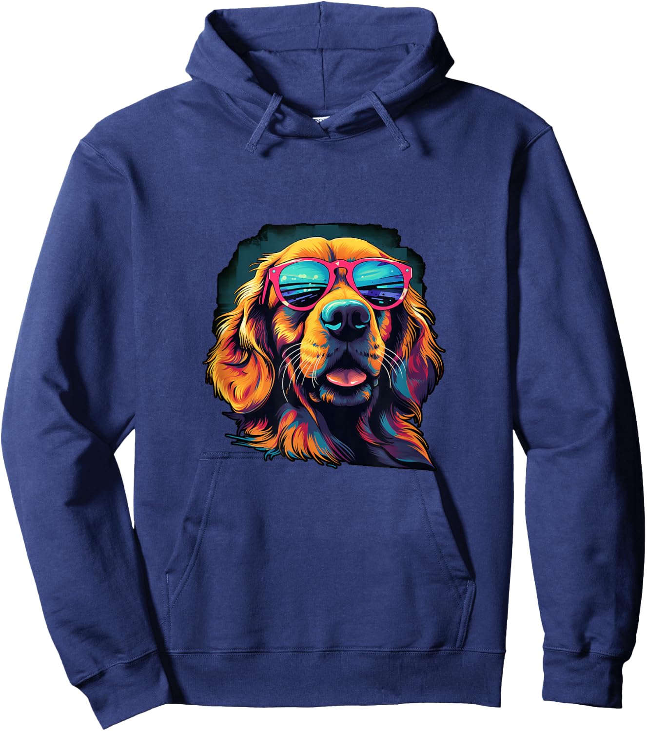 Vibrant Golden Retriever Wearing Sunglasses Black Light Art Hoodie - Hoodie | Navy