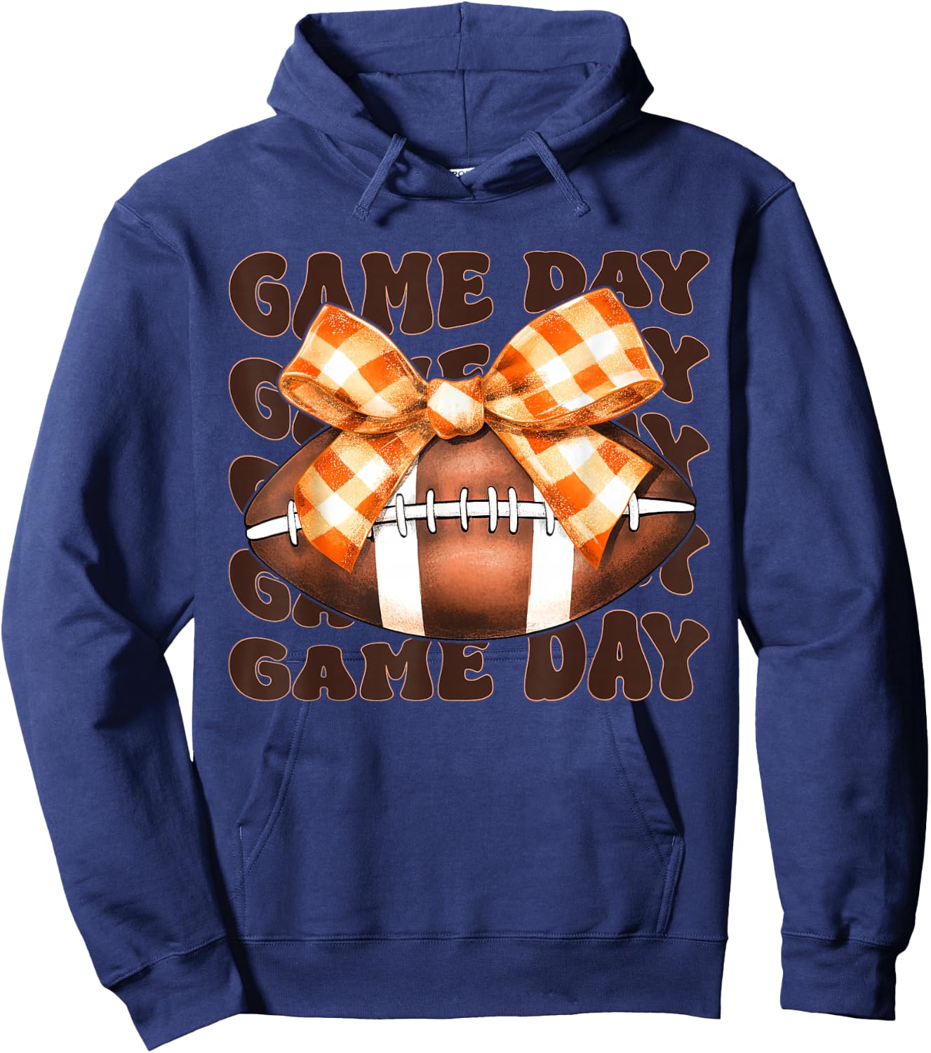 Football Autumn Fall Orange Checkered Ribbon Bow Game Day Hoodie - Hoodie | Navy