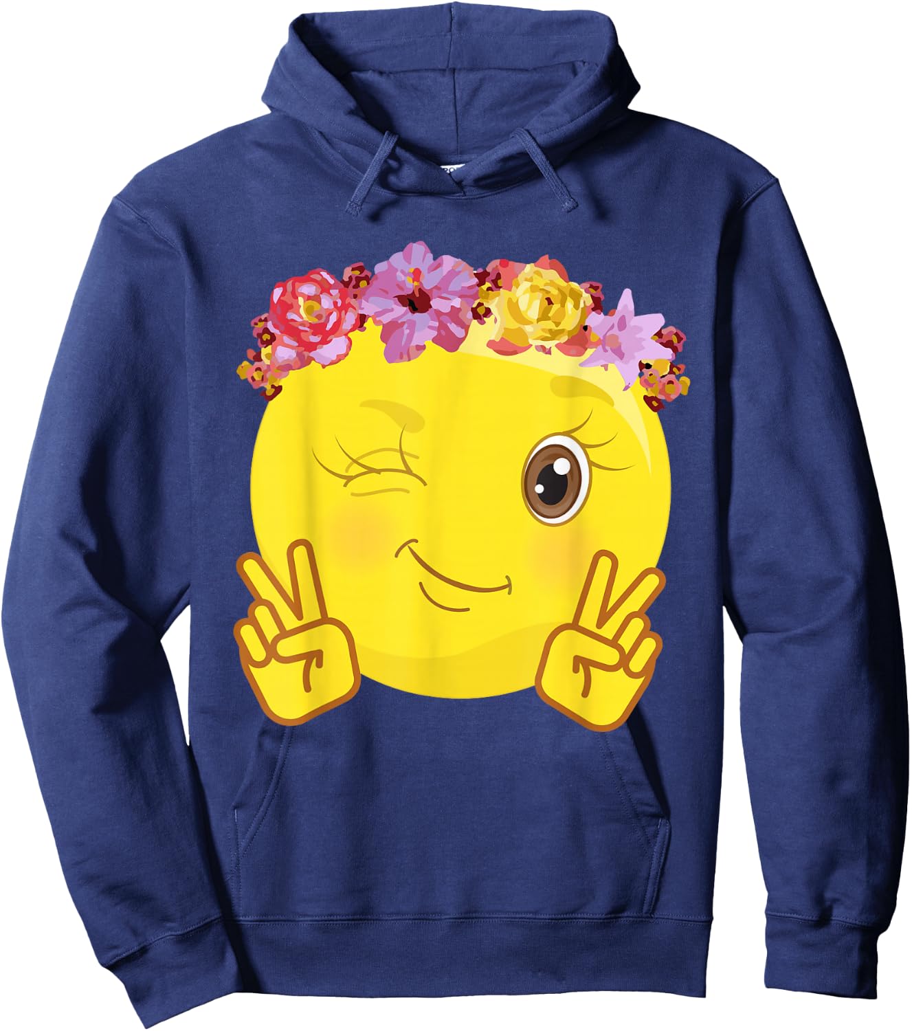 Peace Emoticon Winking Flower Crown Hoodie - Hoodie | Navy