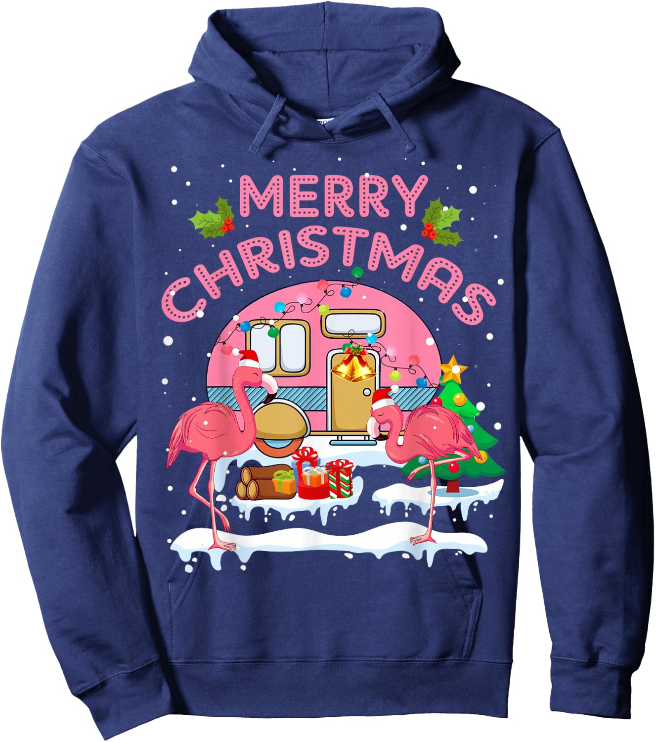 Flamingo Pink Camping Car Christmas Tree Merry Christmas Hoodie - Hoodie | Navy