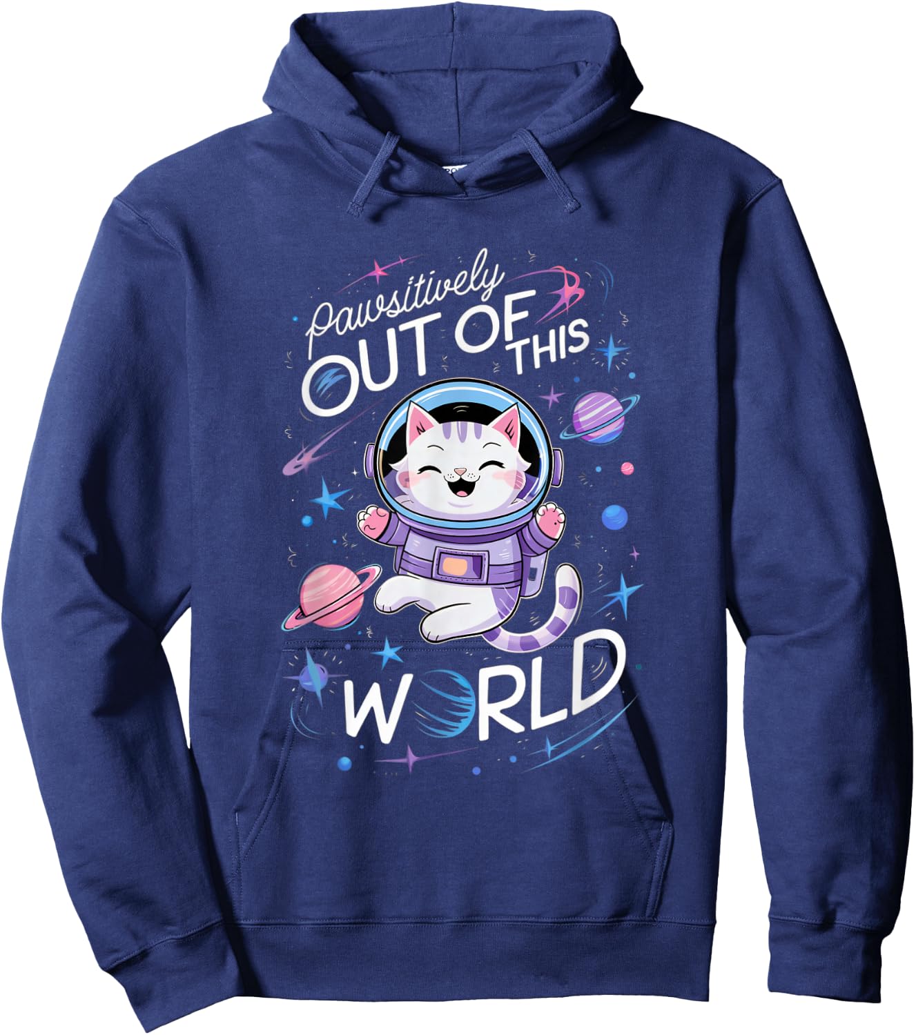 PAWSITIVELY OUT OF THIS WORLD ASTRONAUT CAT | Cute Cat Pun Men Women Kids Hoodie - Hoodie | Navy