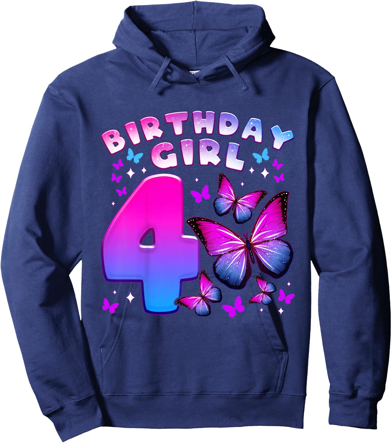 Birthday Girl 4 Years Old Butterfly Number 4 Hoodie - Hoodie | Navy