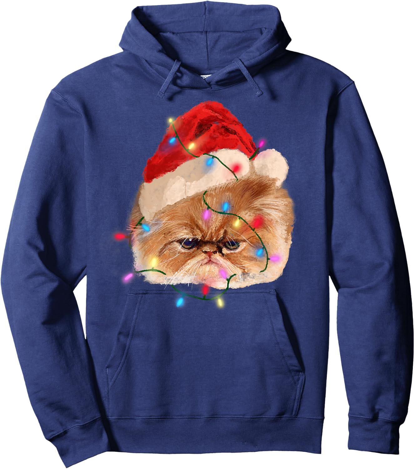 Funny Xmas Persian Cat Christmas Lights Adorable Face Fluffy Hoodie - Hoodie | Navy