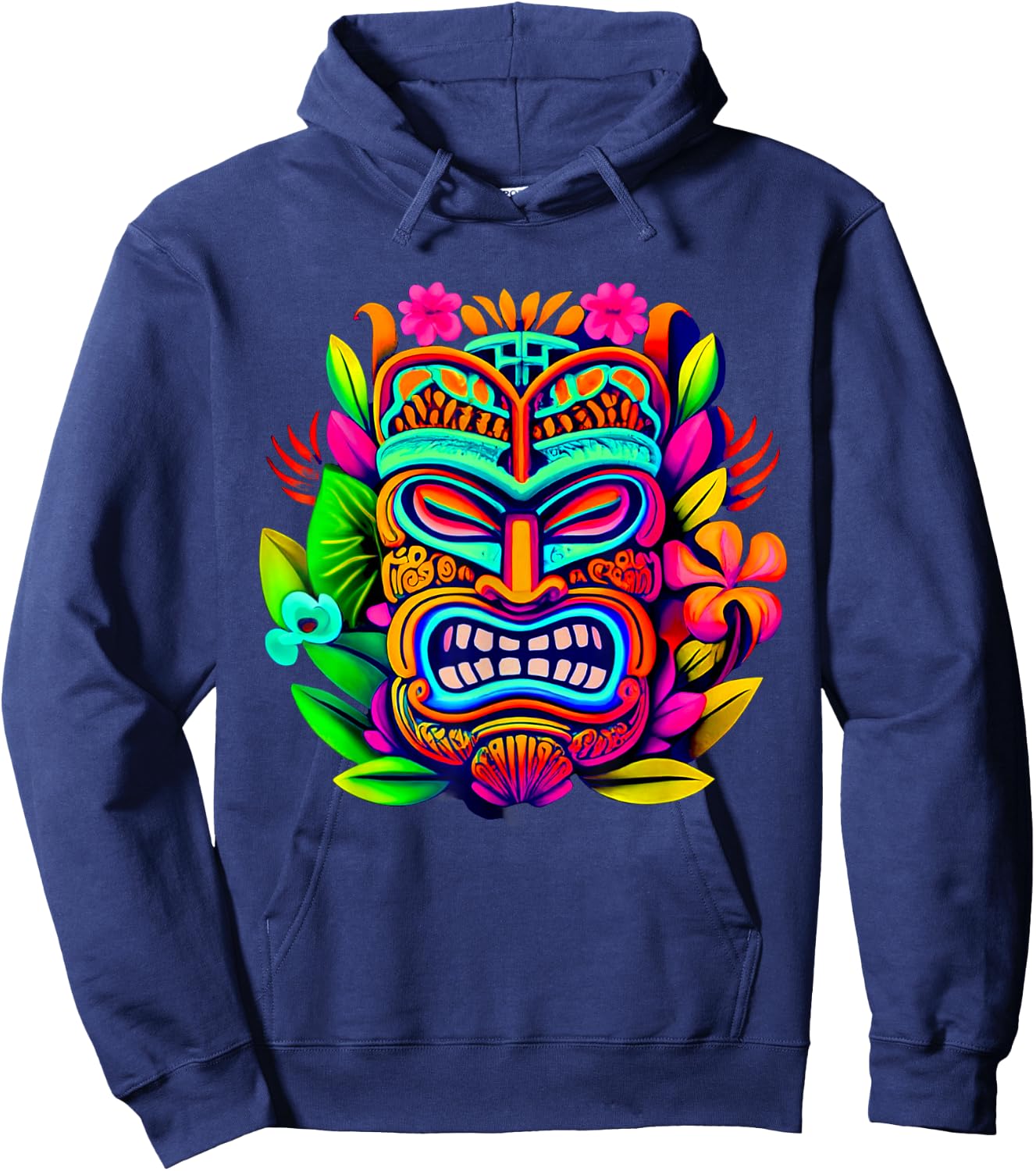 Bright Neon Maui Polynesian Hawaiian Tiki Head Style Design Hoodie - Hoodie | Navy