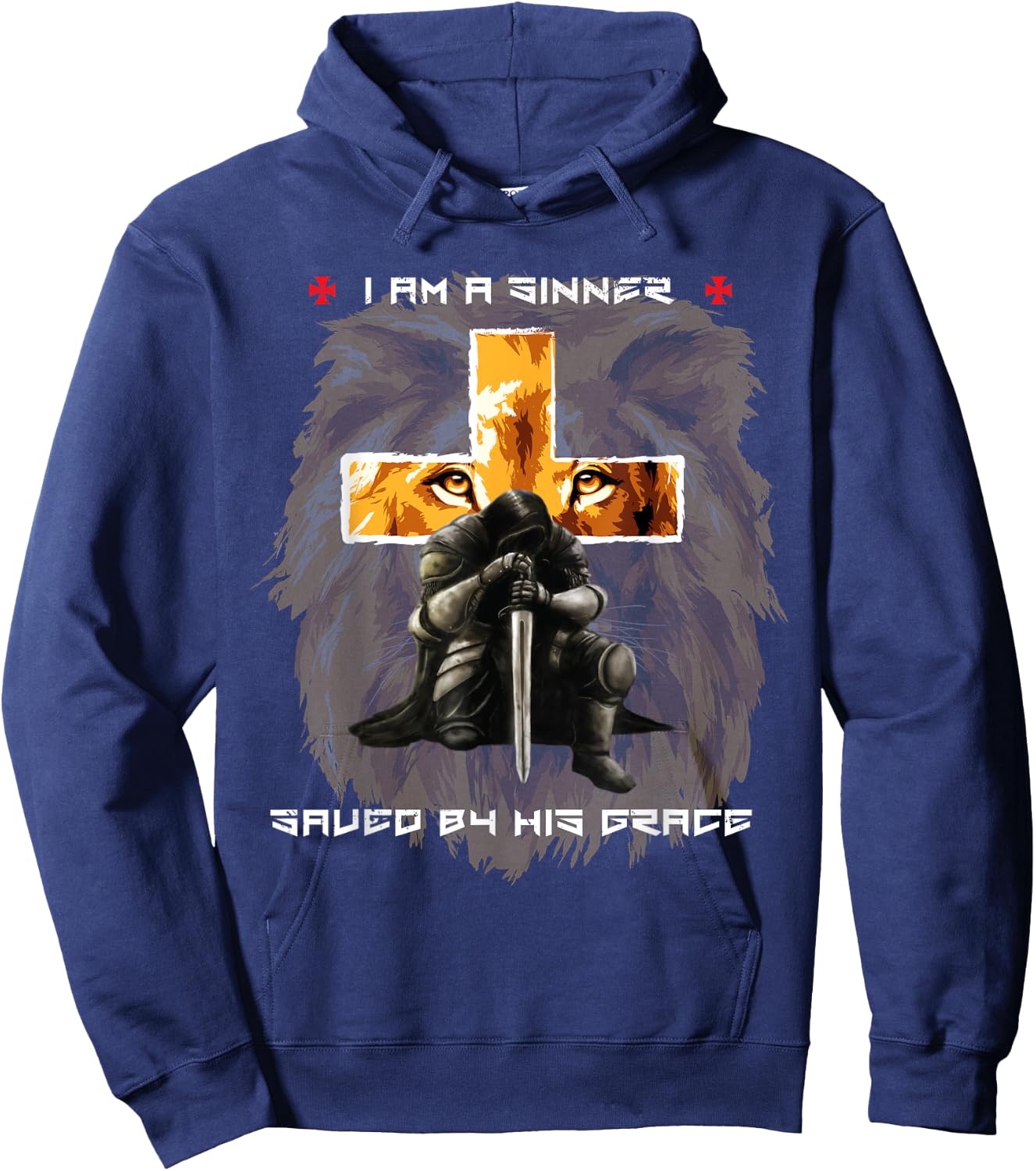 Sinner Saved By Gods Grace Christian Messages Lion Cross Hoodie - Hoodie | Navy