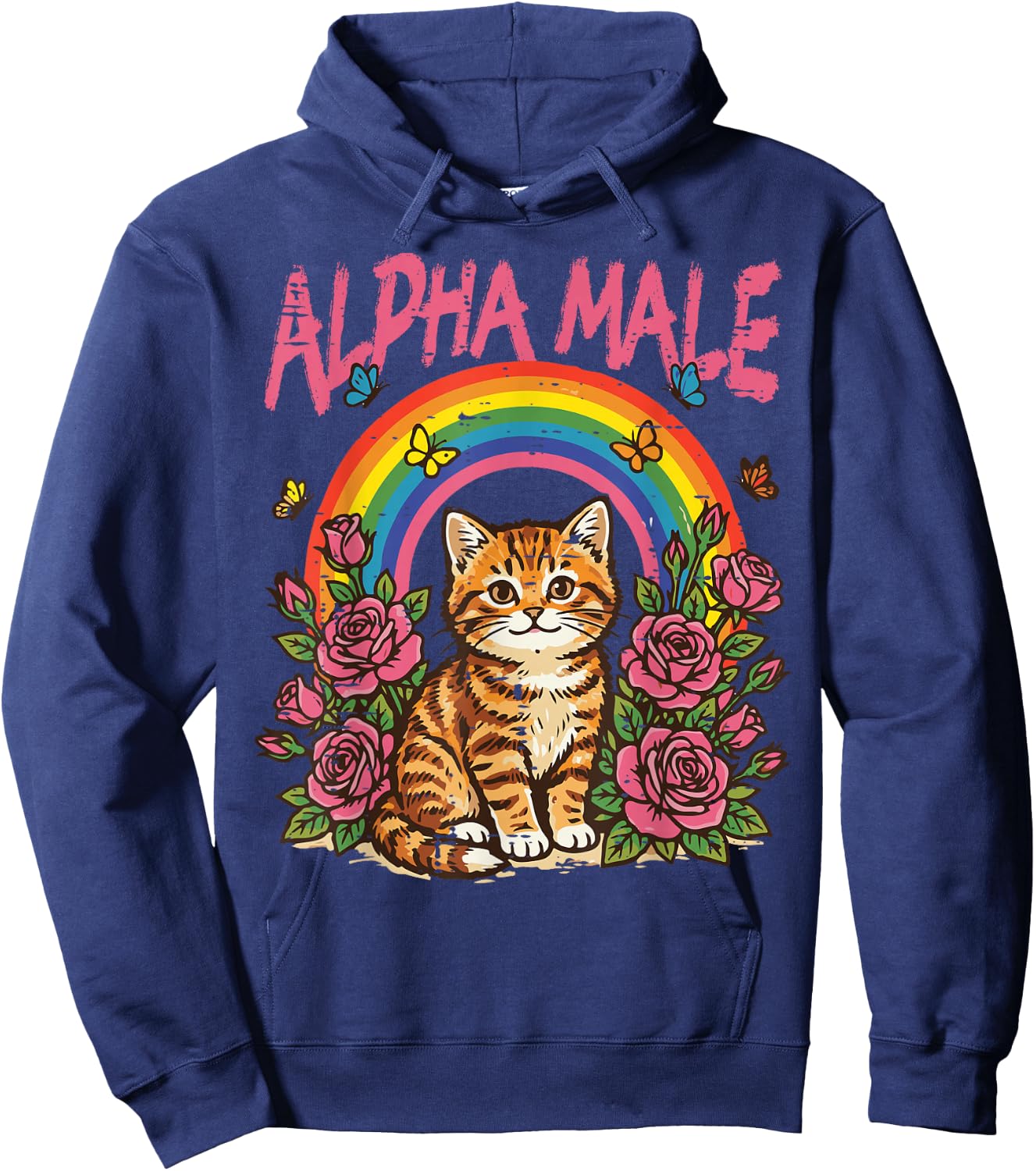 Cat Kitten Flowers Rainbow Alpha Male Funny Meme Women Men Hoodie - Hoodie | Navy