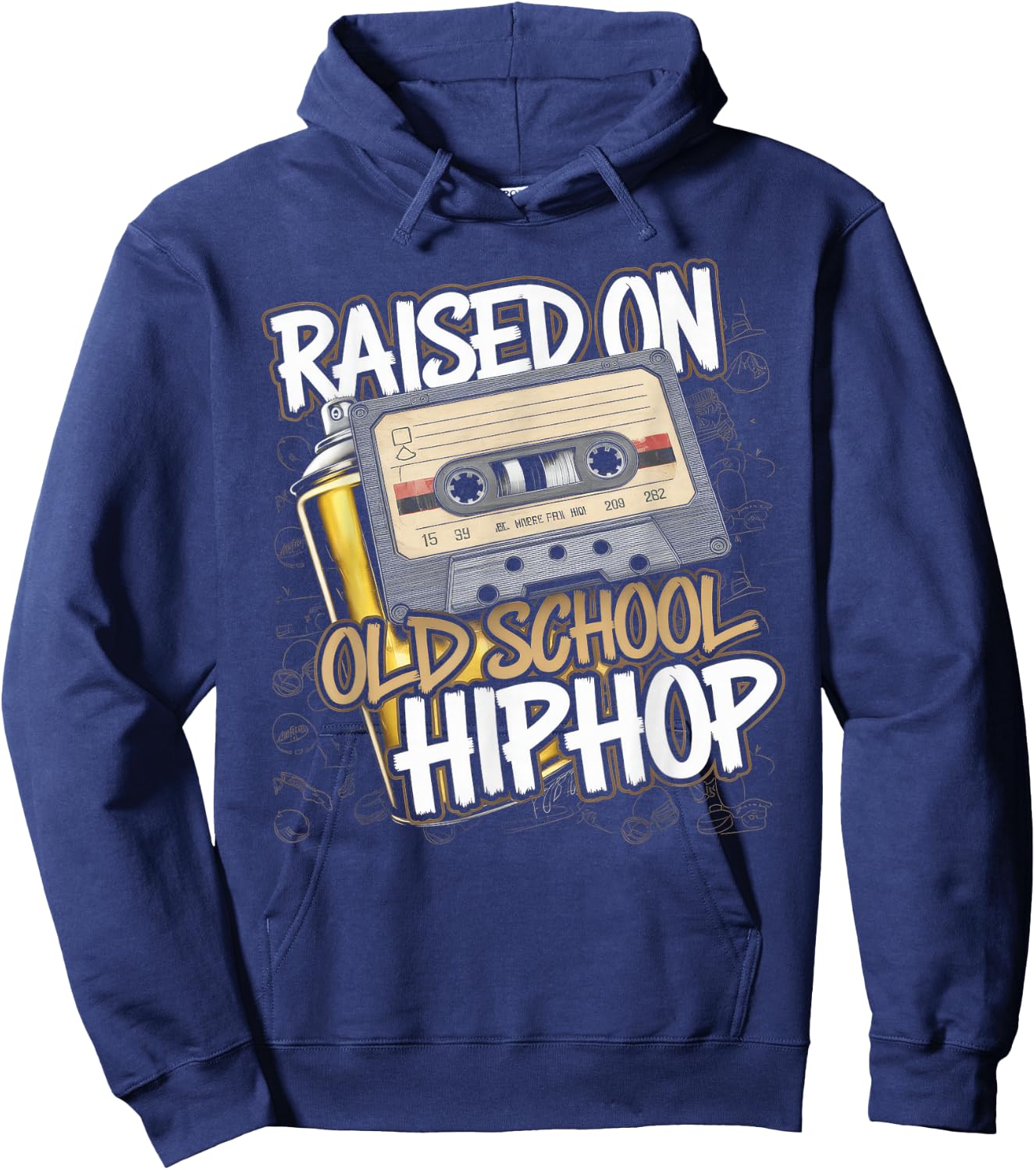Raised ON Old School Hip HOP Cassette Graffiti Rap Hoodie - Hoodie | Navy