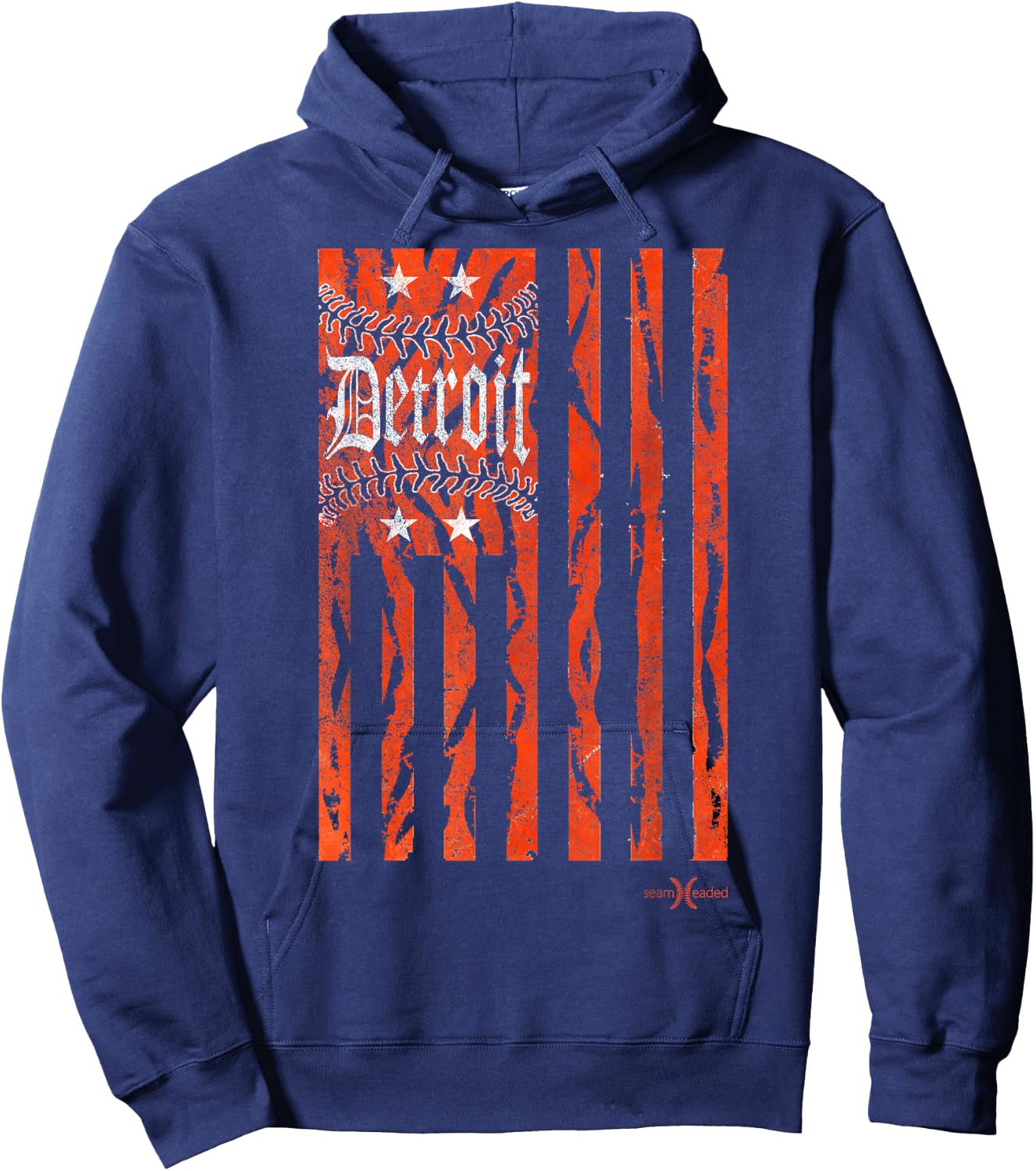 Vintage Detroit Baseball Flag with Tiger Stripes Hoodie - Hoodie | Navy