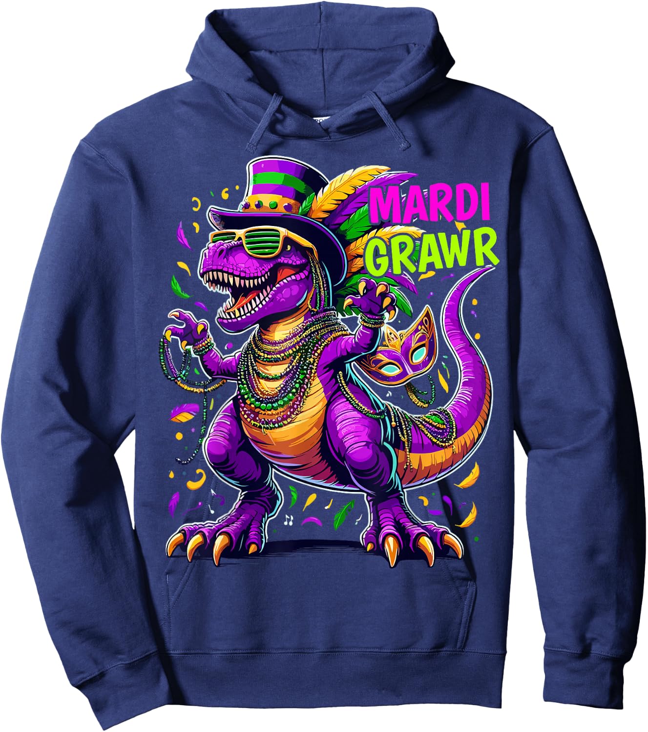 Mardi Grawr Dino T-rex Boys Mardi Gras Hoodie - Hoodie | Navy