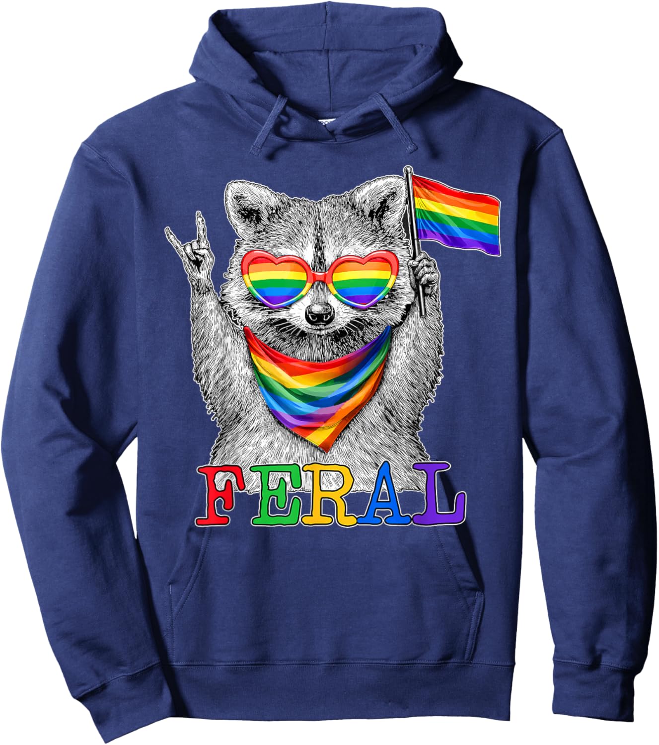 Pride LGBT Feral Raccoon Rainbow Flag Sunglasses Men Women Hoodie - Hoodie | Navy