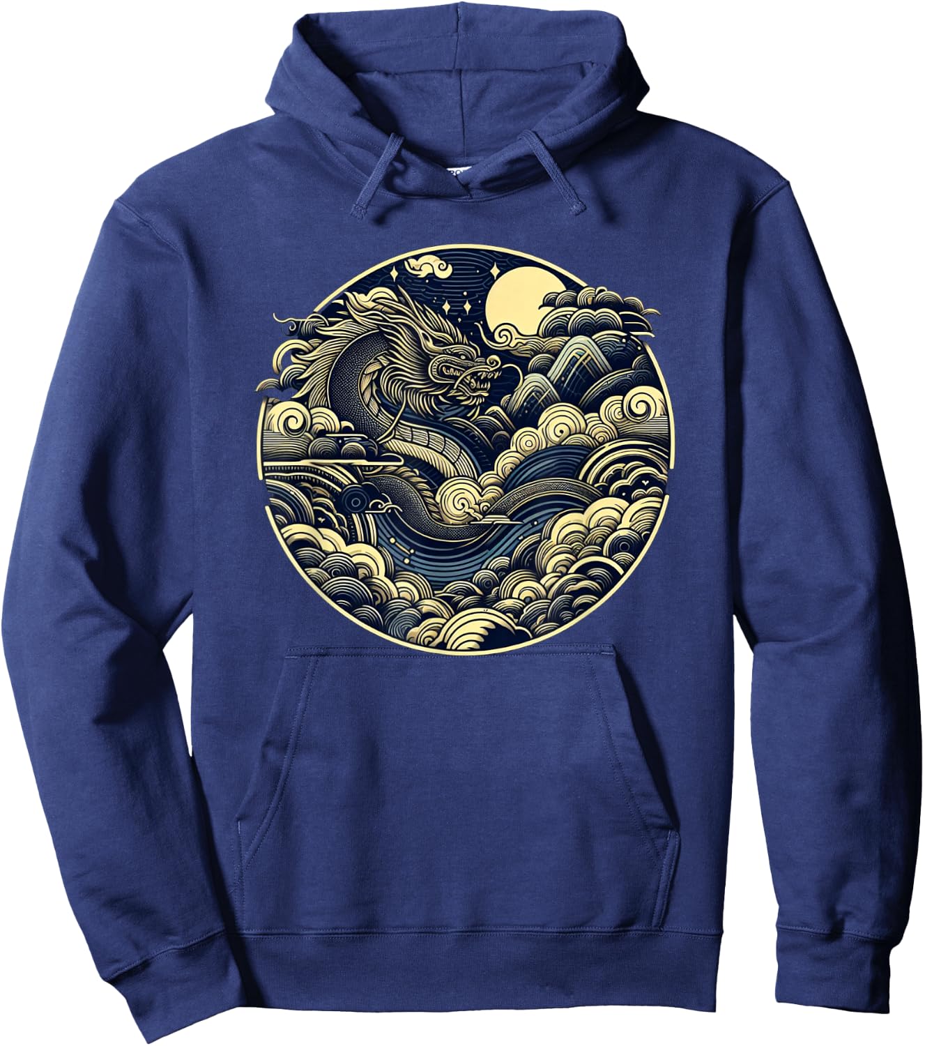 Japanese Dragon Moon Waves Ukiyo-e Style Circular Graphic Hoodie - Hoodie | Navy
