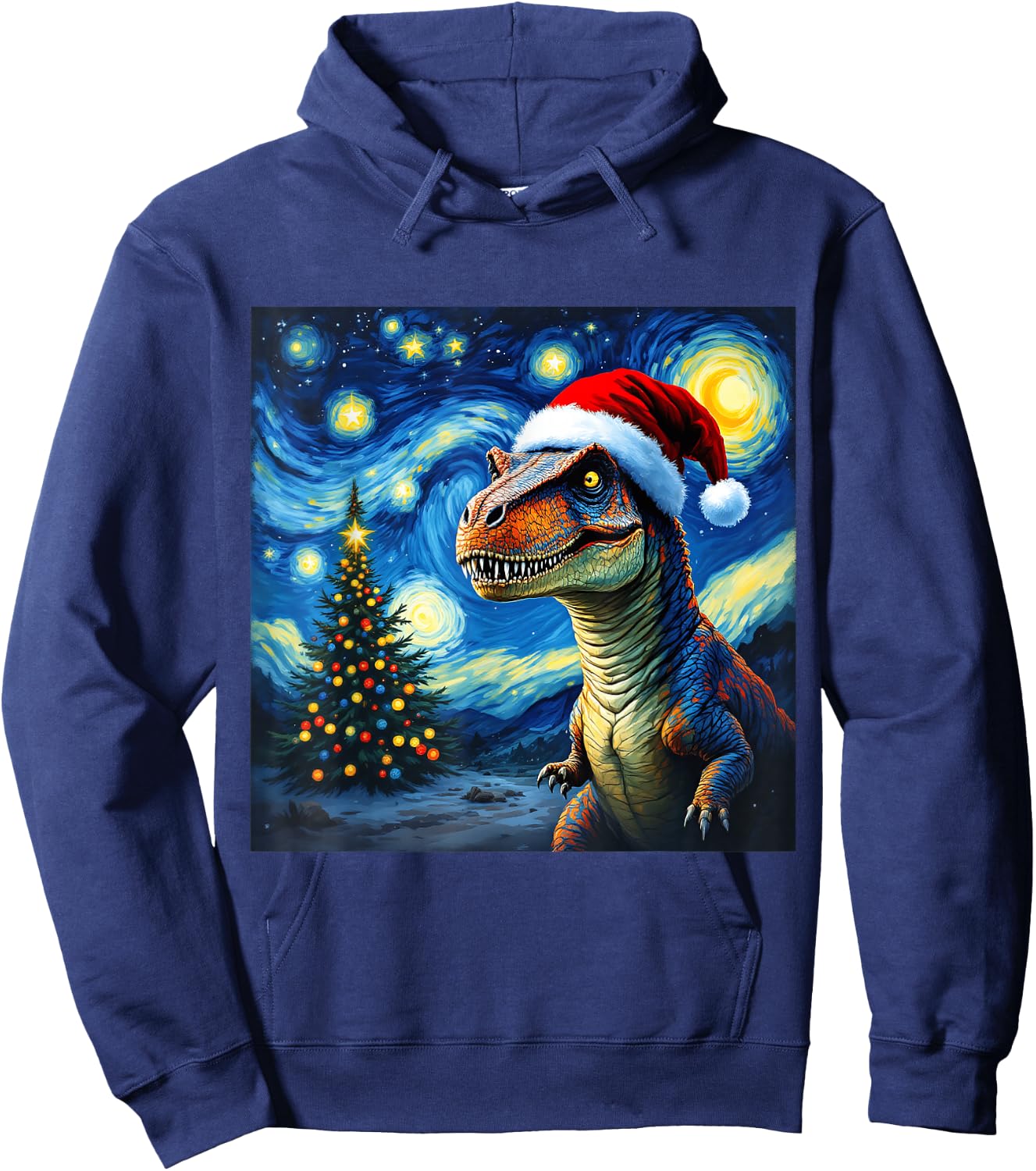 Christmas Dinosaur Santa Hat Van Gogh Starry Night Holiday Hoodie - Hoodie | Navy