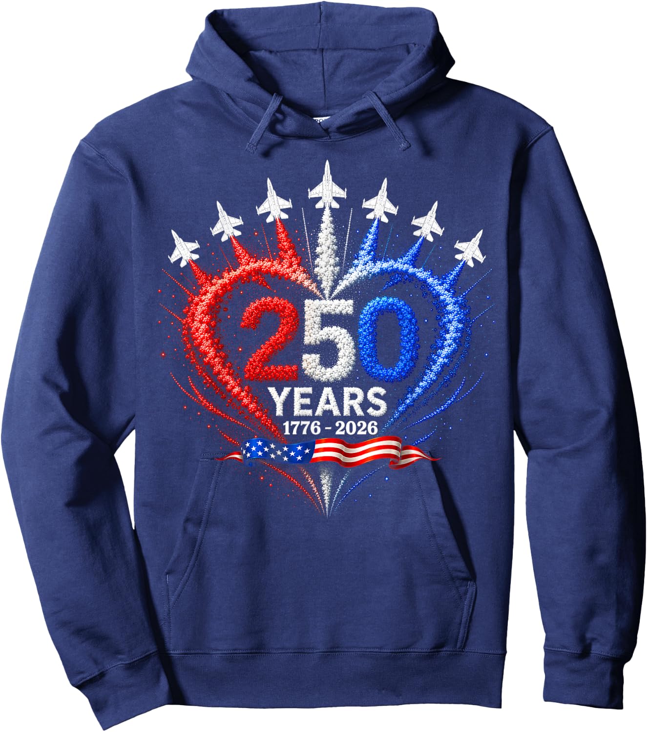 4th of July American Flag 250 Years of Freedom Heart Jets Hoodie - Hoodie | Navy