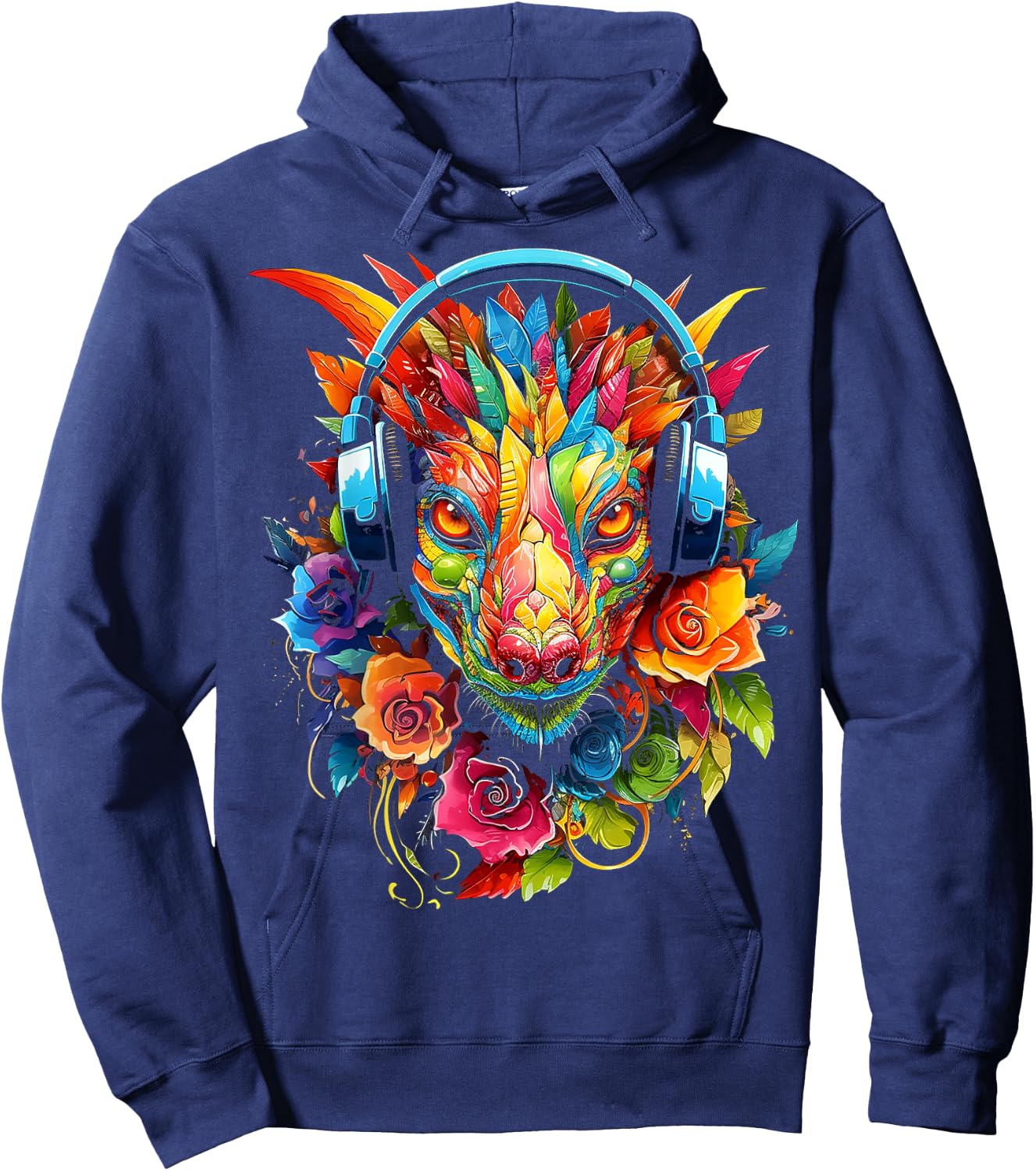 Dragon Headphones Art Colorful Flowers Graphic Anime Hoodie - Hoodie | Navy