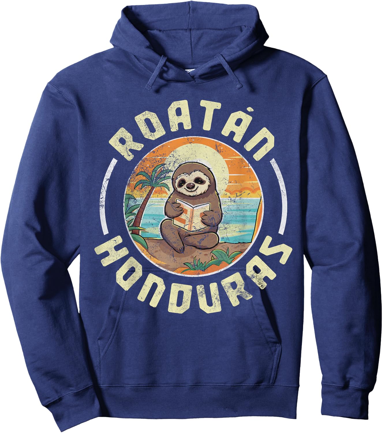 Roatan Honduras Vacation Sloth Beach Summer Distressed Hoodie - Hoodie | Navy