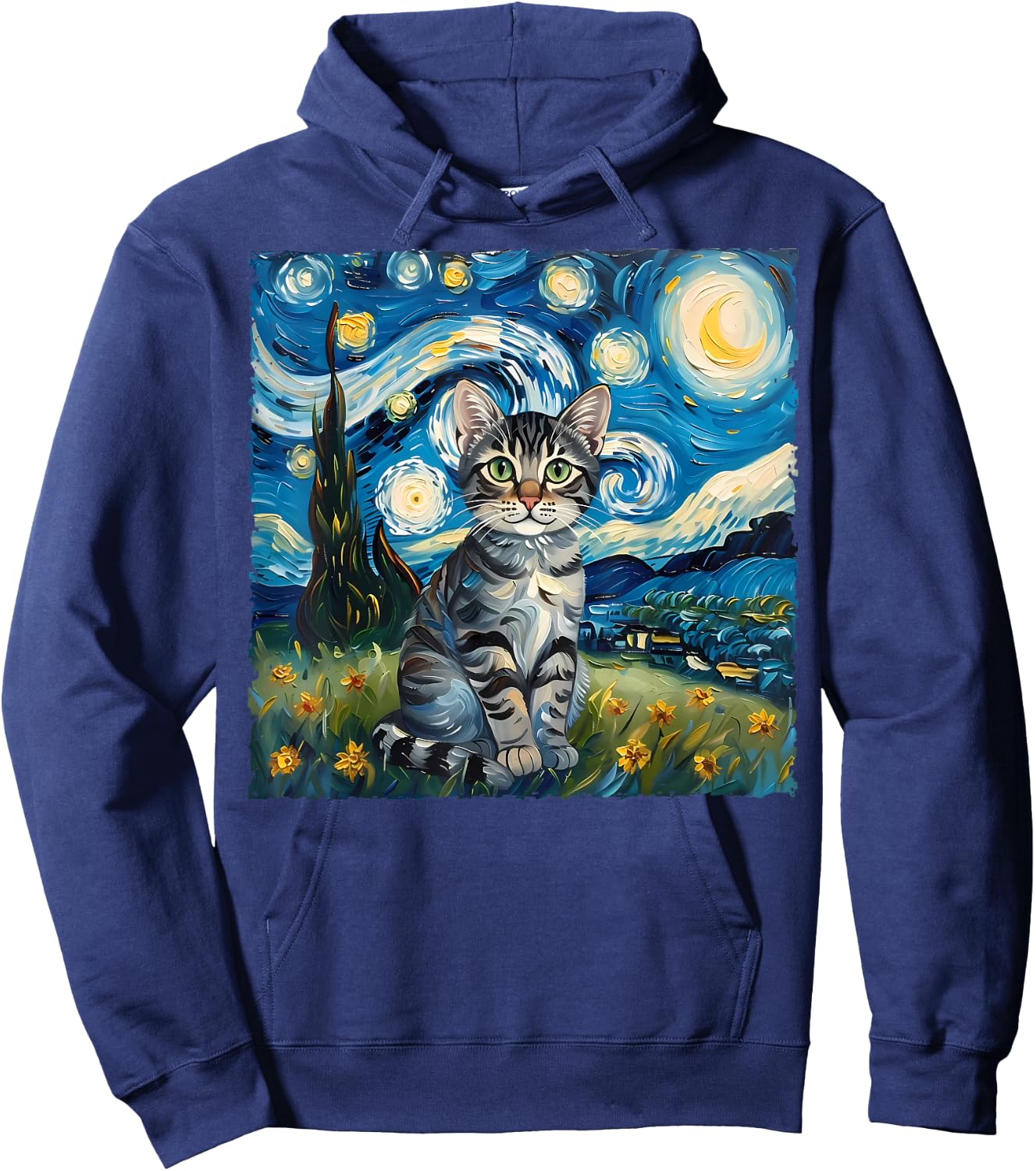 Van Gogh Style Funny Gray Tabby Tiger Cat Lover Starry Night Hoodie - Hoodie | Navy