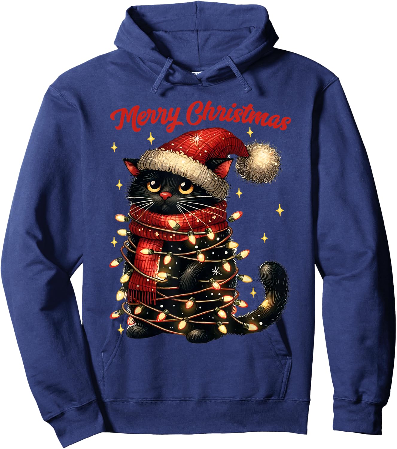 Christmas Outfit Cat with Christmas Lights Christmas , black Hoodie - Hoodie | Navy