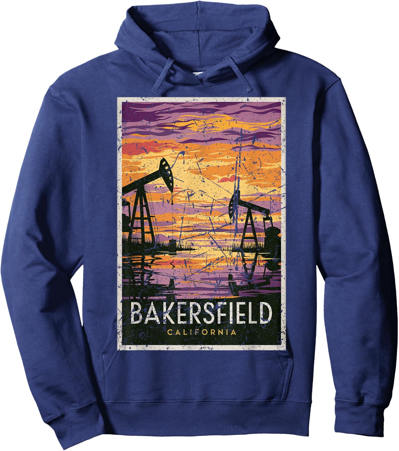 Bakersfield Sunset Oil Fields Retro Travel Art Print Hoodie - Hoodie | Navy