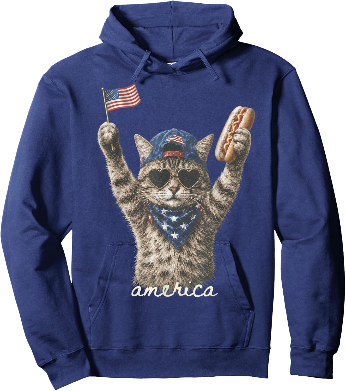 Funny America Cat Hotdog 4th of July US Flag Patriotic Hoodie - Hoodie | Navy
