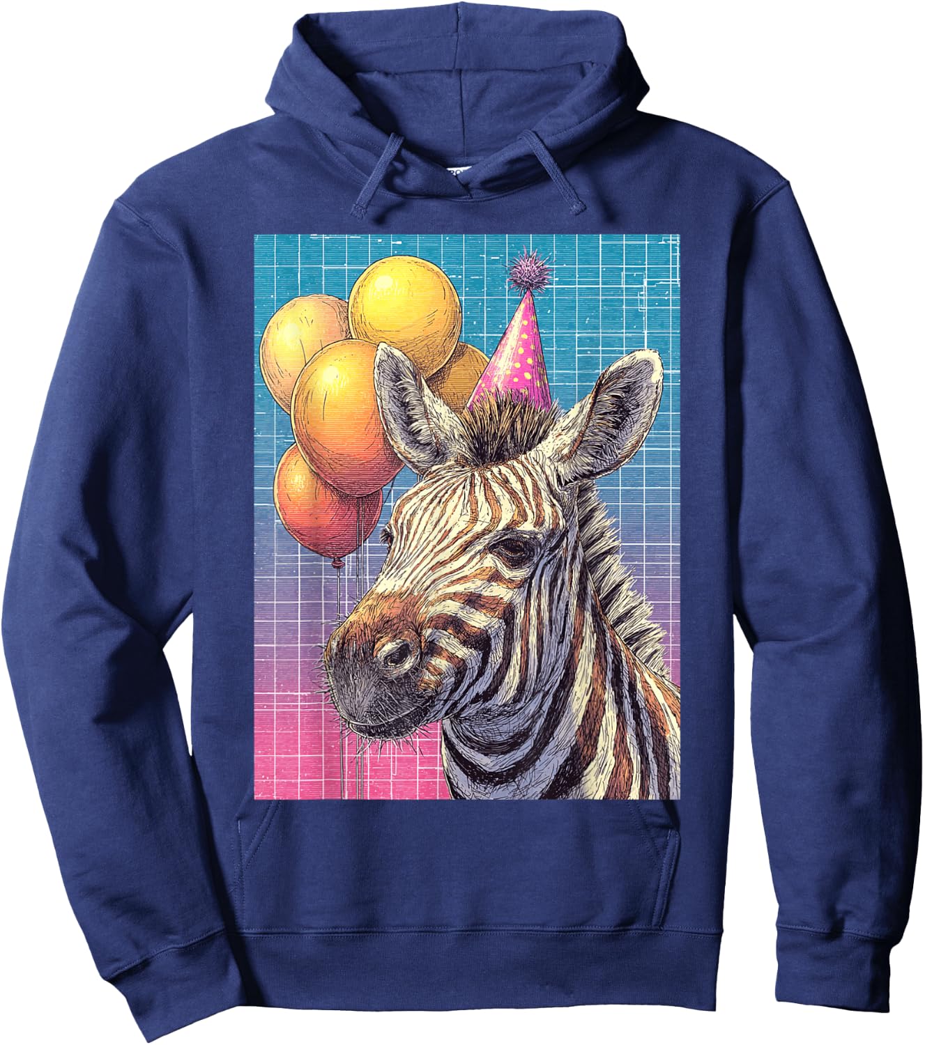 Zebra Synthwave Print Birthday Party Balloons & Party Hat Hoodie - Hoodie | Navy