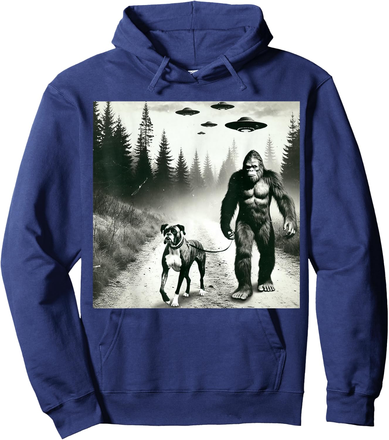 Funny Bigfoot Walking With Boxer Dog. Bigfoot And Dog UFO Hoodie - Hoodie | Navy