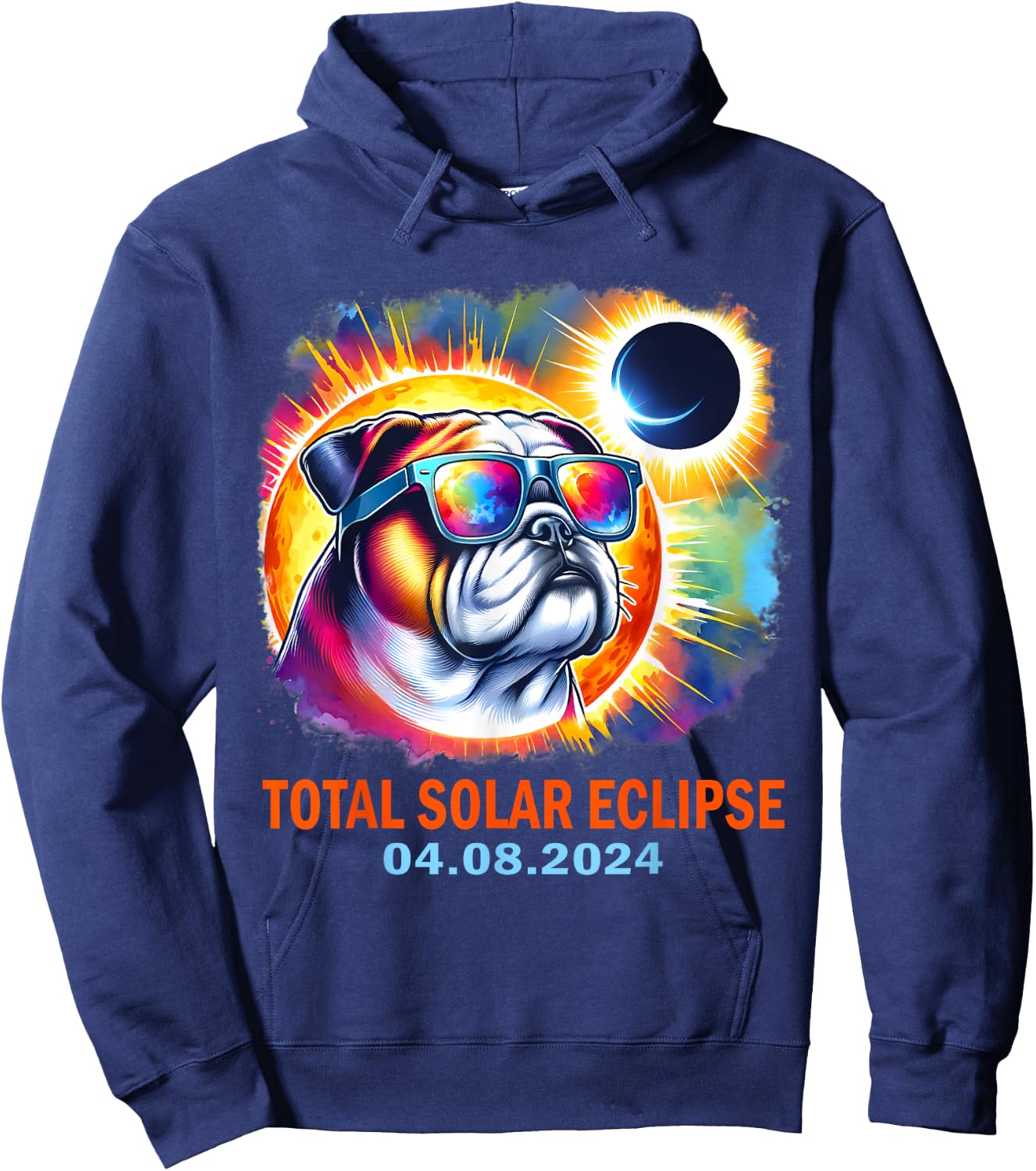Colorful Bulldog Total Solar Eclipse 2024 Hoodie - Hoodie | Navy
