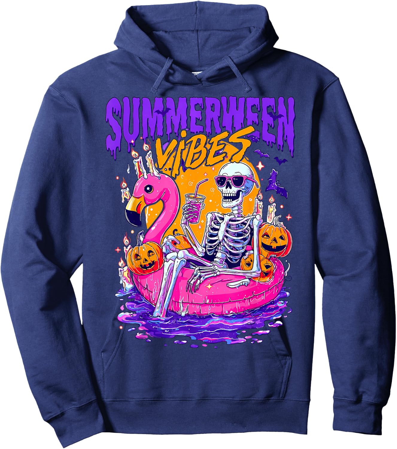 Summerween Funny Skeletons Halloween Floating Pool Pumpkin Hoodie - Hoodie | Navy
