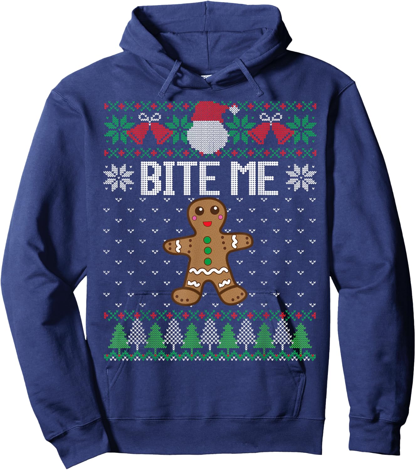 Funny Ugly Christmas Sweater Bite Me Gingerbread Man Hoodie - Hoodie | Navy