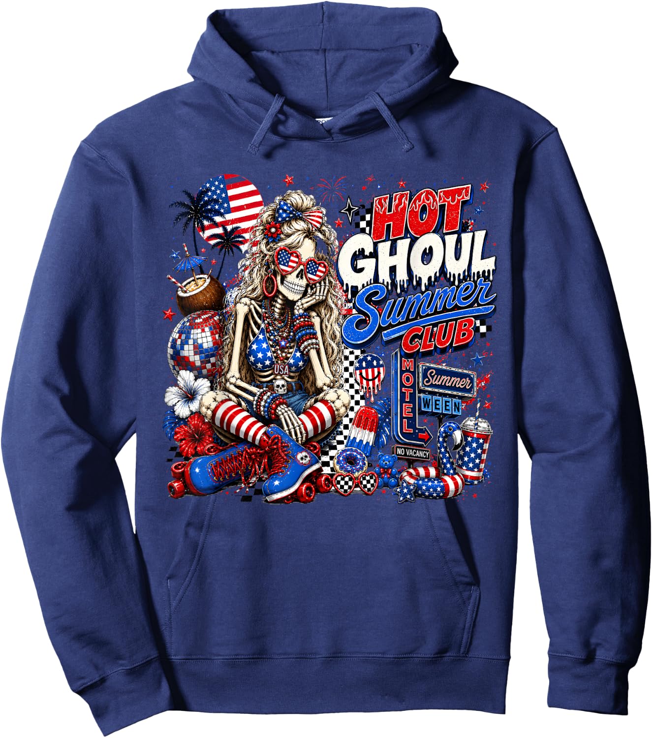 Hot Ghoul Summer Club, 4th of July Girl, Summerween Skeleton Hoodie - Hoodie | Navy