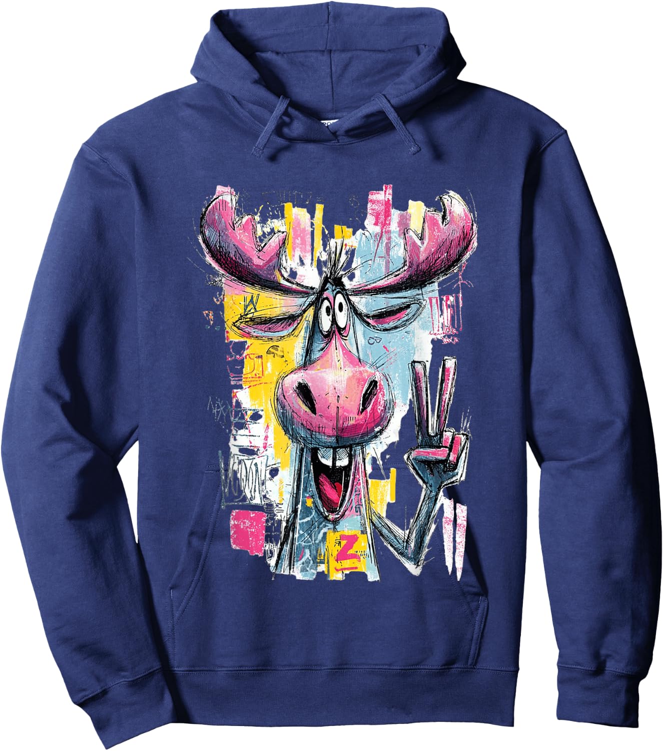 Funny Moose Peace Graffiti Pop Character Graphic Art Face Hoodie - Hoodie | Navy
