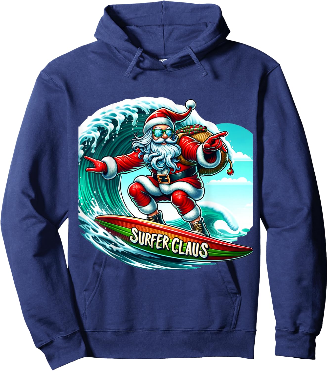 Surfer Claus Santa on Surfboard Wave Rider Christmas Xmas Hoodie - Hoodie | Navy