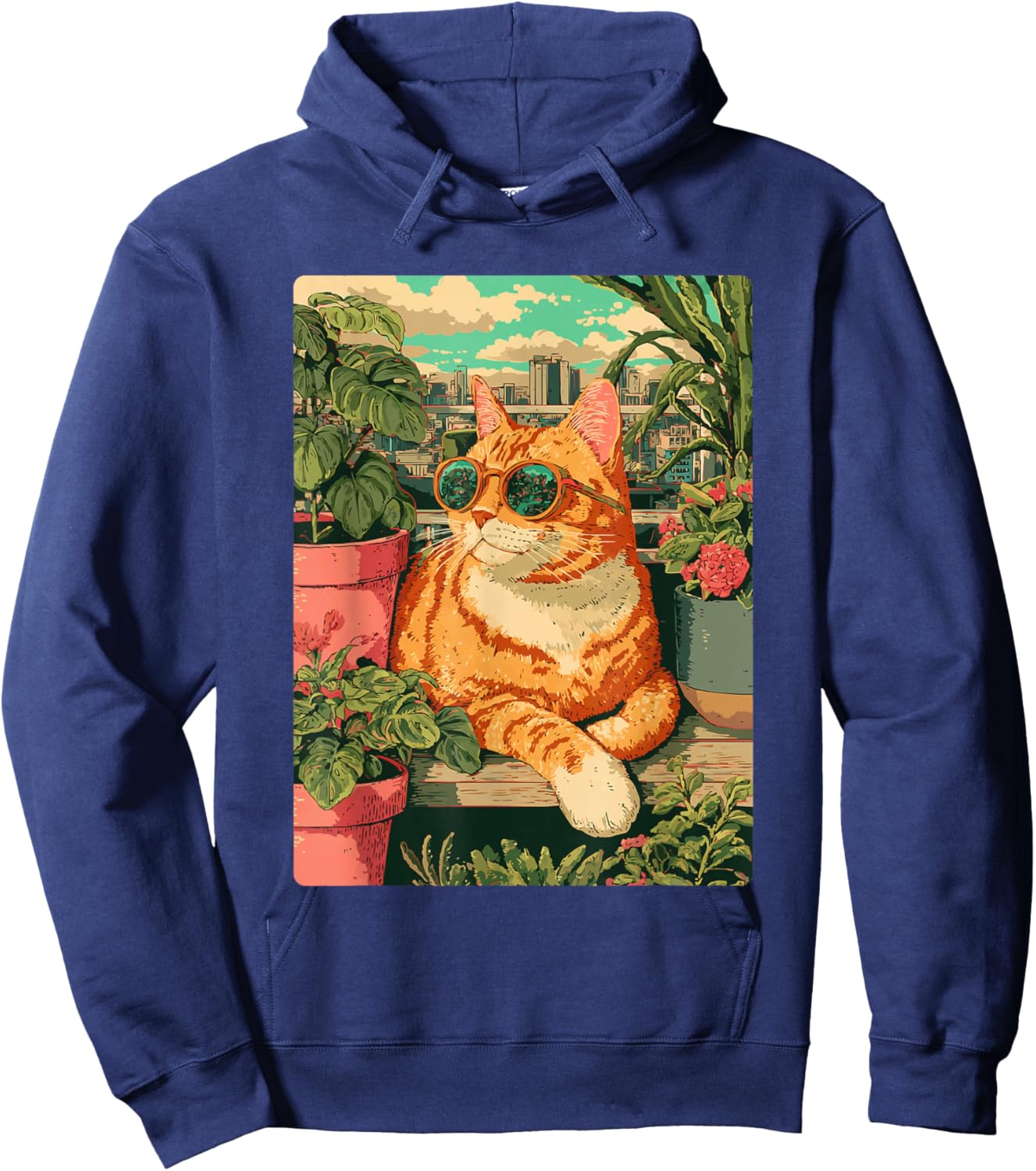 Chat tigré Roux avec Lunettes de Soleil Art Floral botanique Printemps Hoodie - Hoodie | Navy