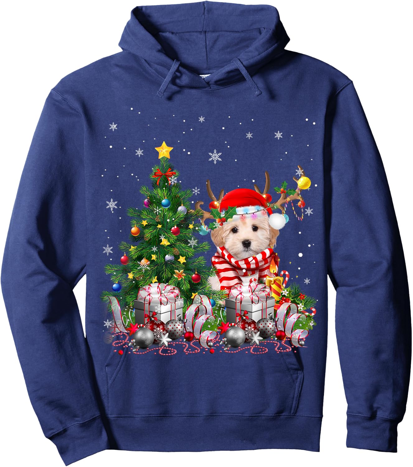 Maltipoo Dog Christmas Tree Lights Santa Pajamas Xmas Women Kids Hoodie - Hoodie | Navy