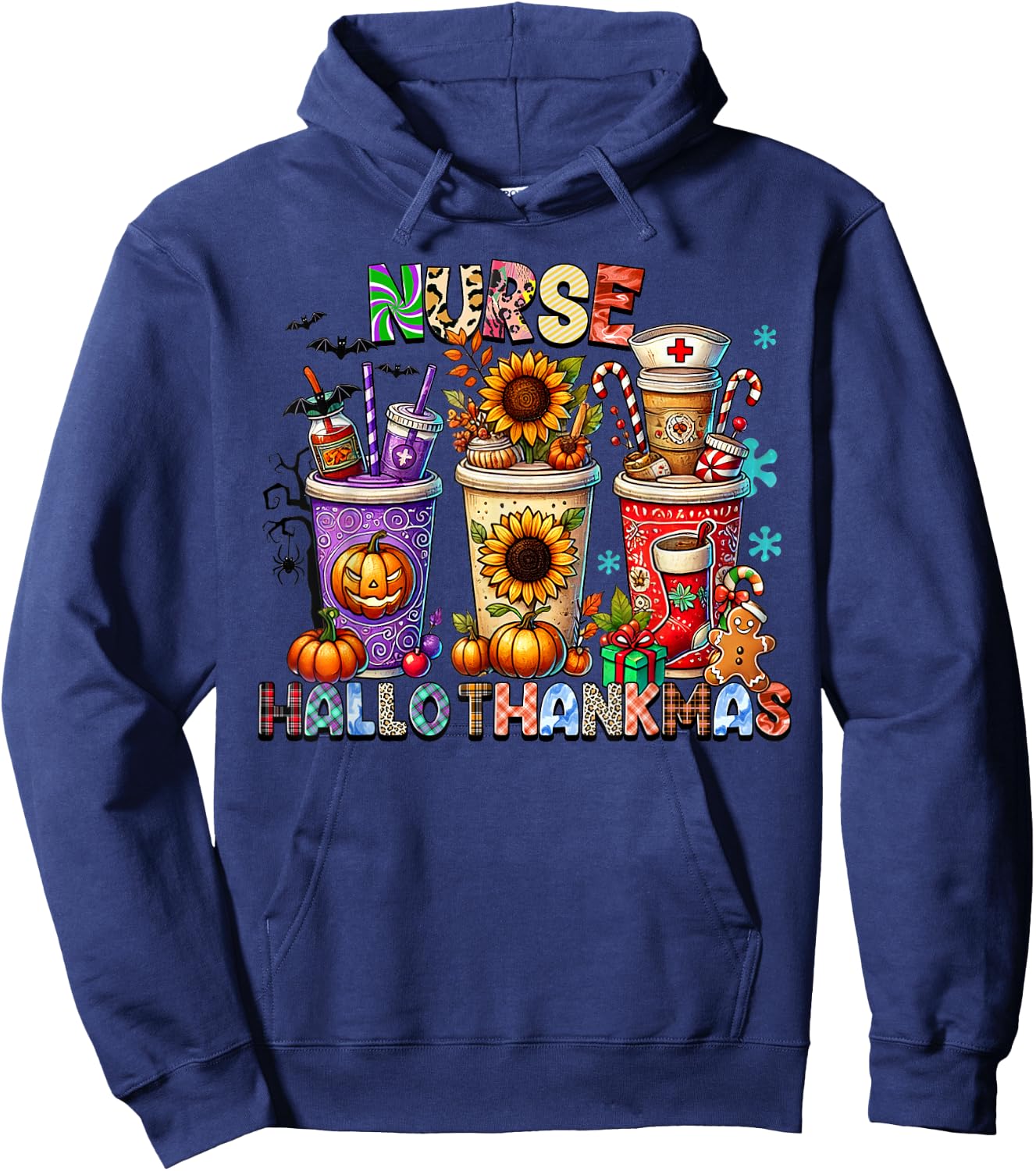 halloween thanksgiving christmas happy hallothanksmas Nurse Hoodie - Hoodie | Navy