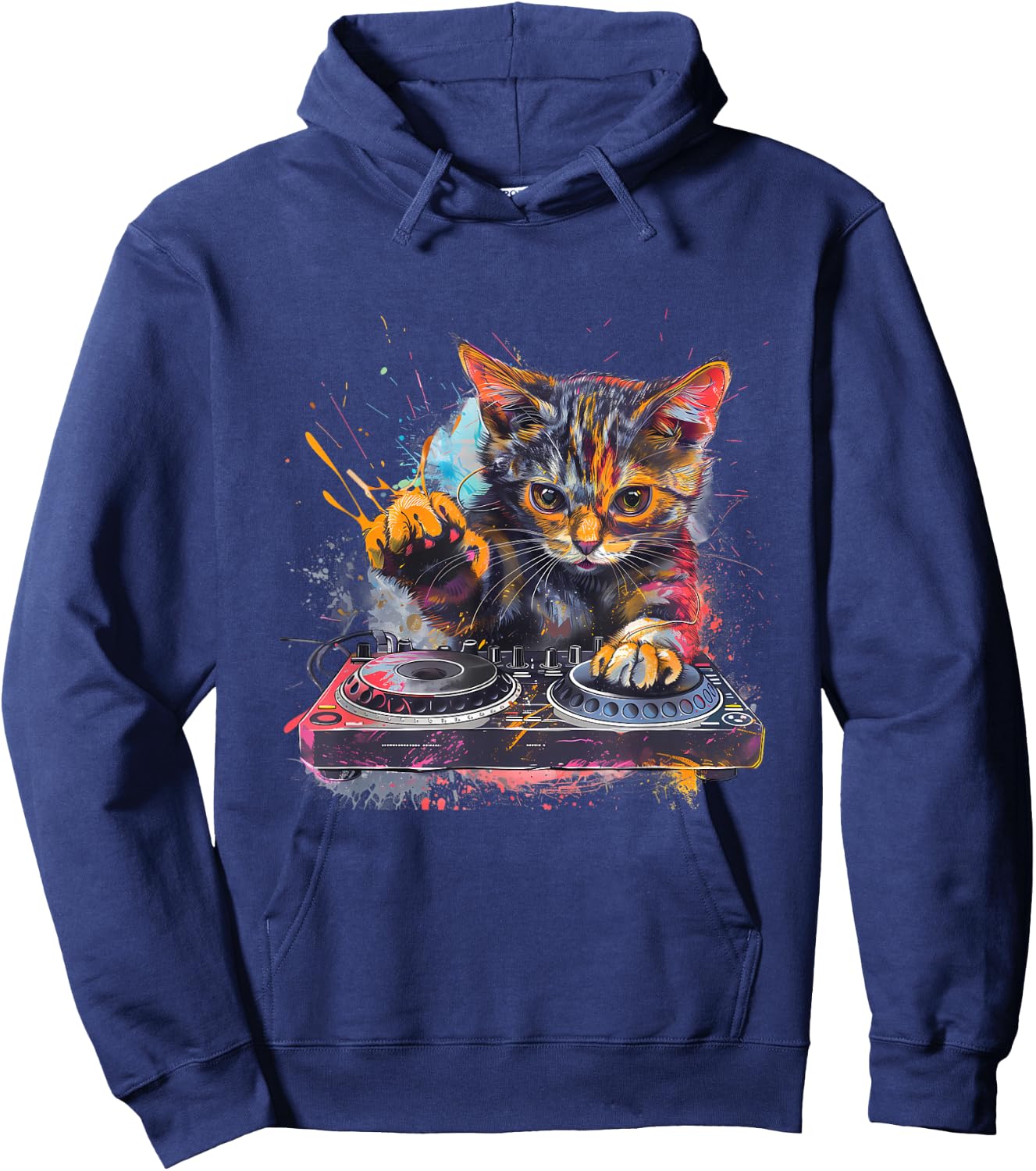 DJ Cat Turntable DJ Cat EDM Artwork House Music Beatmaker Hoodie - Hoodie | Navy