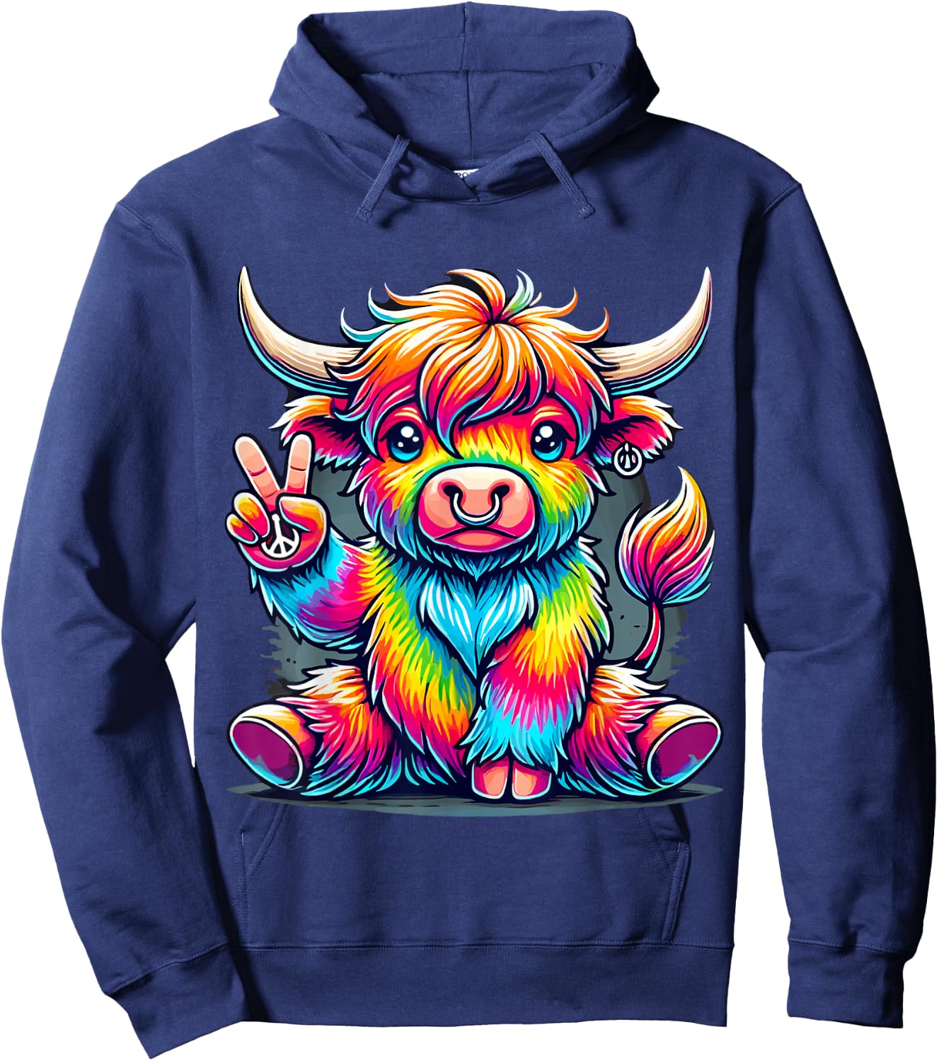 Tie-Dye Highland Cow Peace Sign Hippie Hoodie - Hoodie | Navy