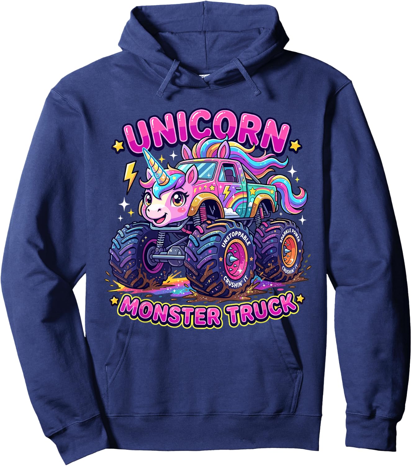 Monster Truck Unicorn Magical Rainbow Sparkle Girls Offroad Hoodie - Hoodie | Navy