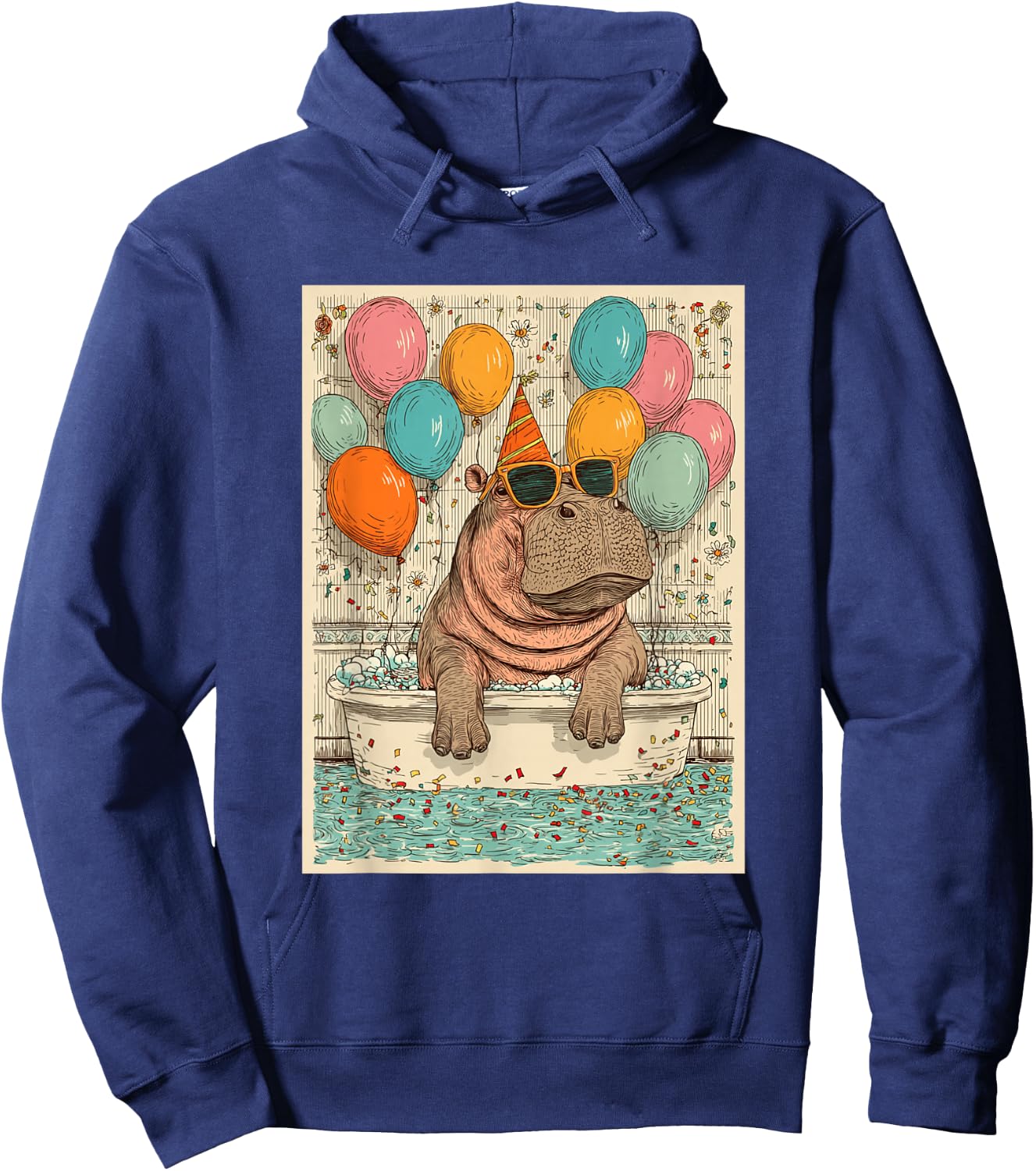 Hippo Birthday Party Balloons Bathtub Art Print Hoodie - Hoodie | Navy