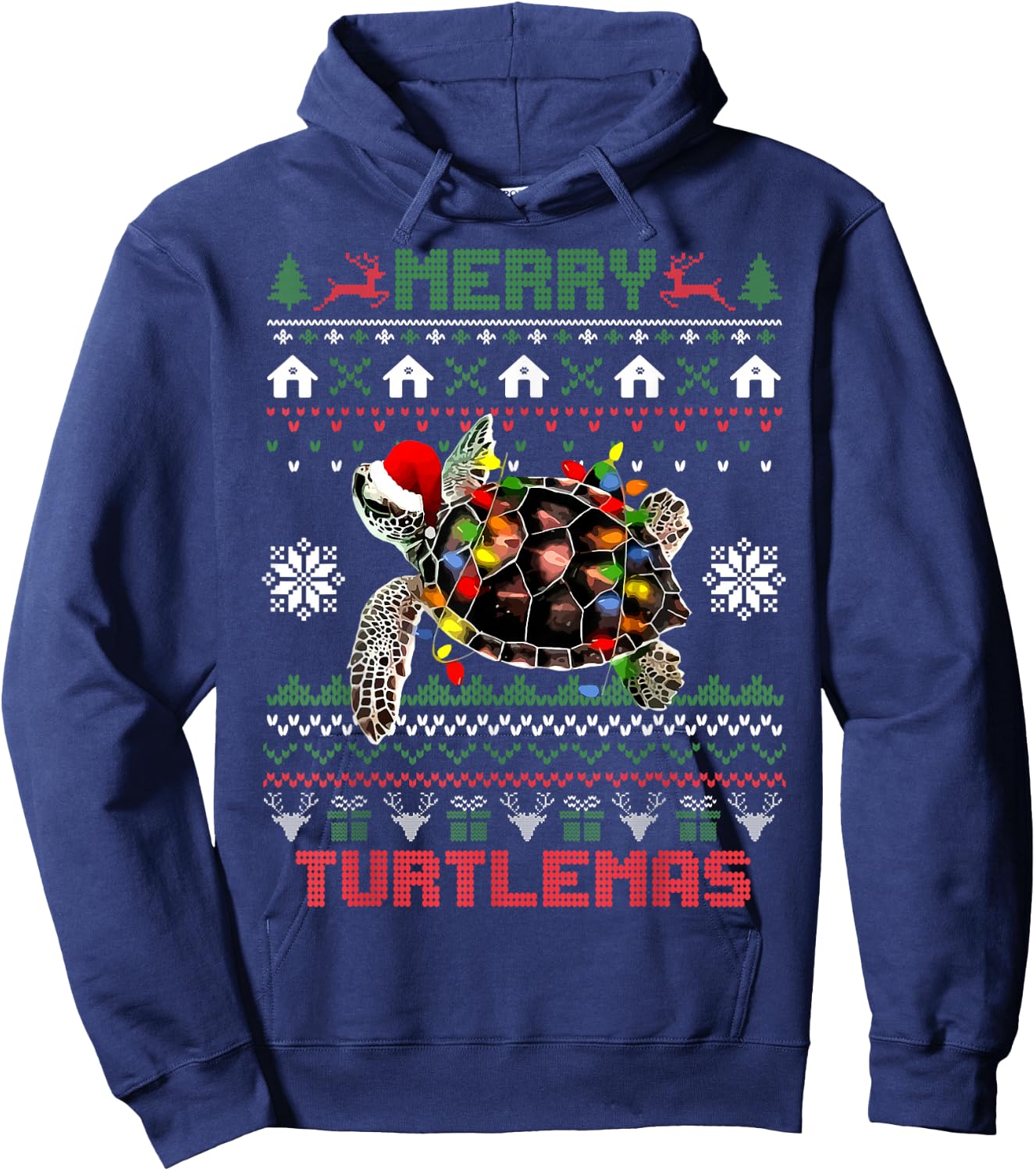 Merry Turtlemas Christmas Lights Cute Turtle Santa Hat Hoodie - Hoodie | Navy