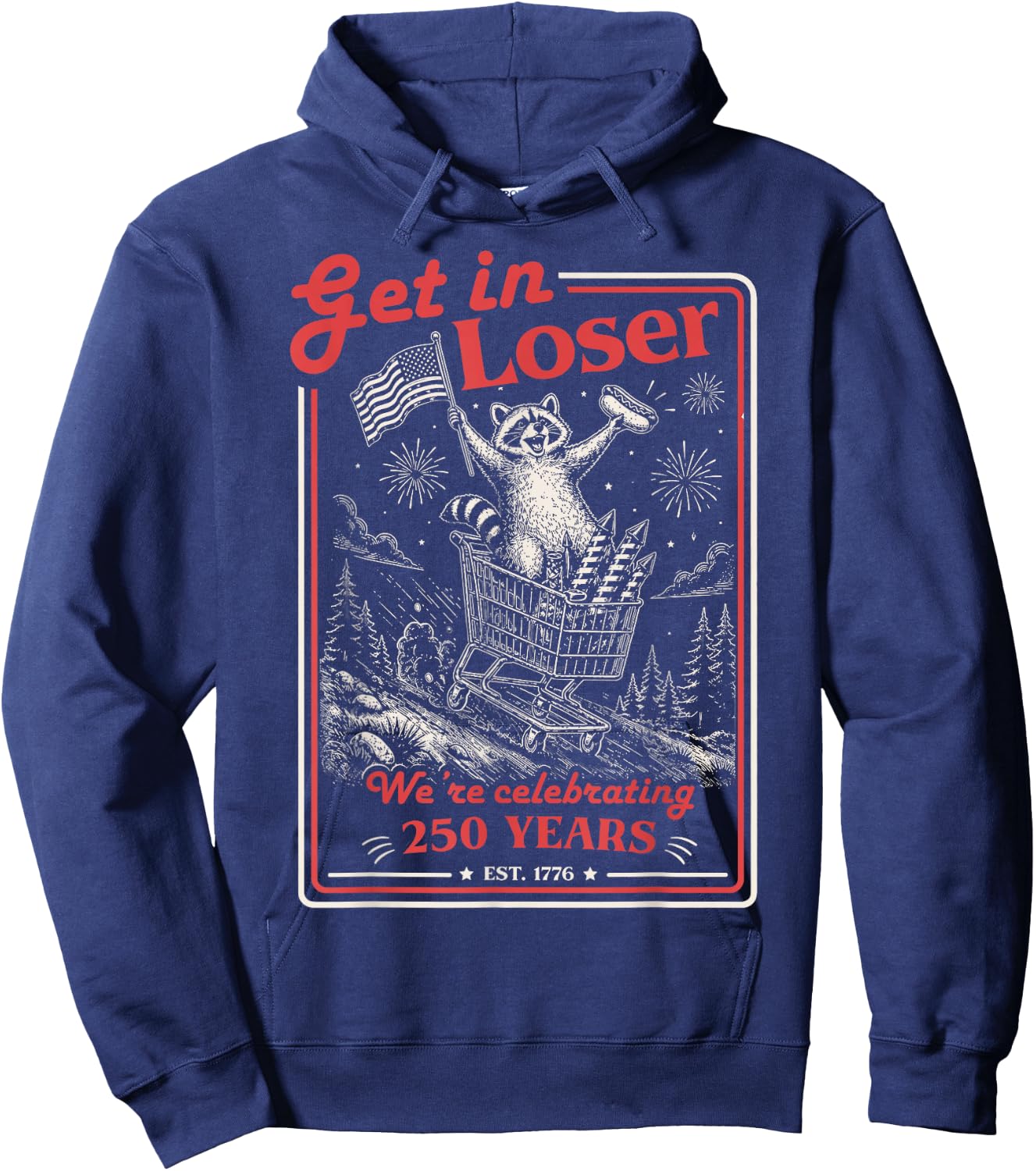 Get in Loser We're Celebrating 250 Years Patriotic Raccoon Hoodie - Hoodie | Navy