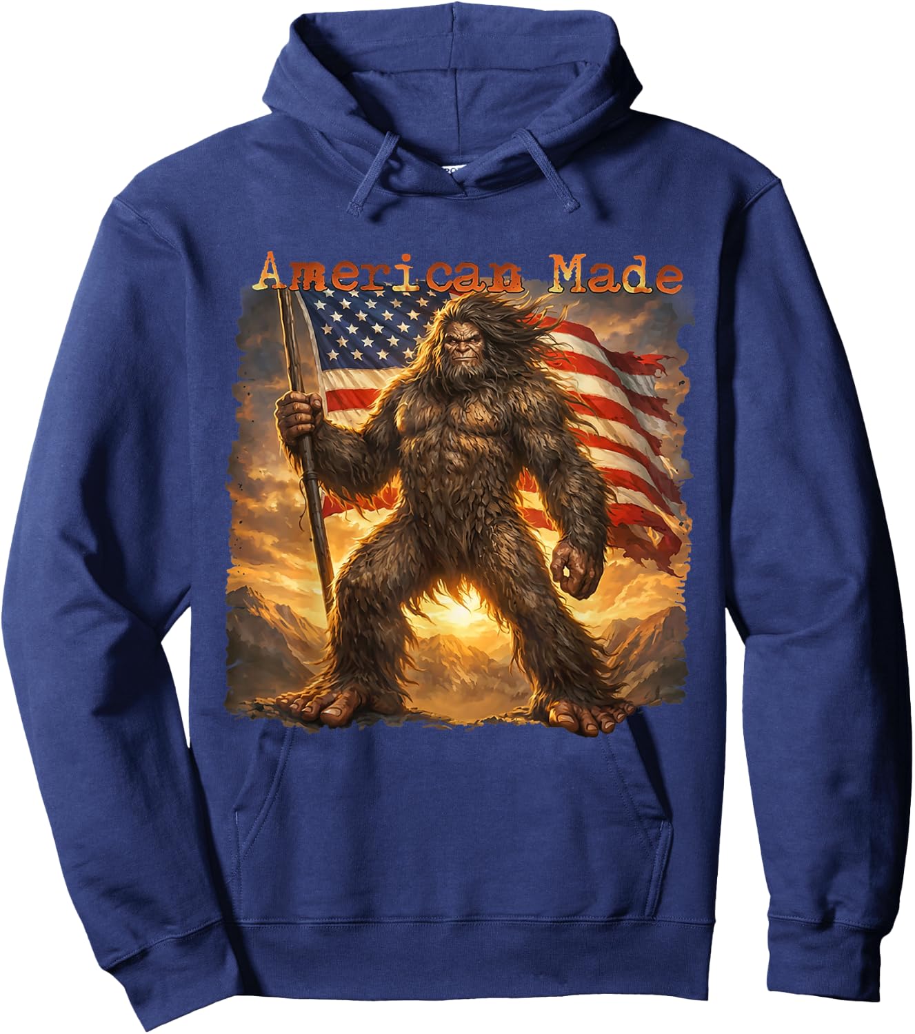 American Made Funny Bigfoot USA Flag Retro Hoodie - Hoodie | Navy