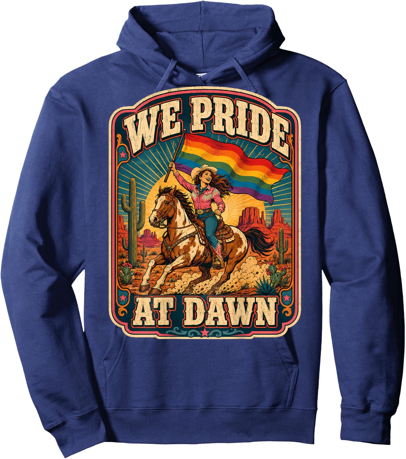 We Pride At Dawn Lesbian LGBTQ Pride Cowgirl (On Back) Hoodie - Hoodie | Navy