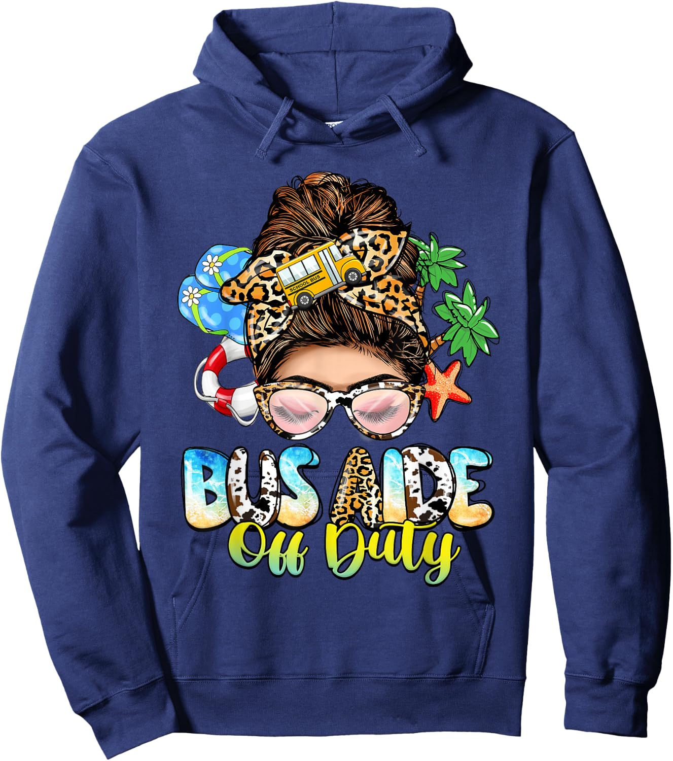 Buses Consultant Messy Bun Leopard Last Day of School Hoodie - Hoodie | Navy